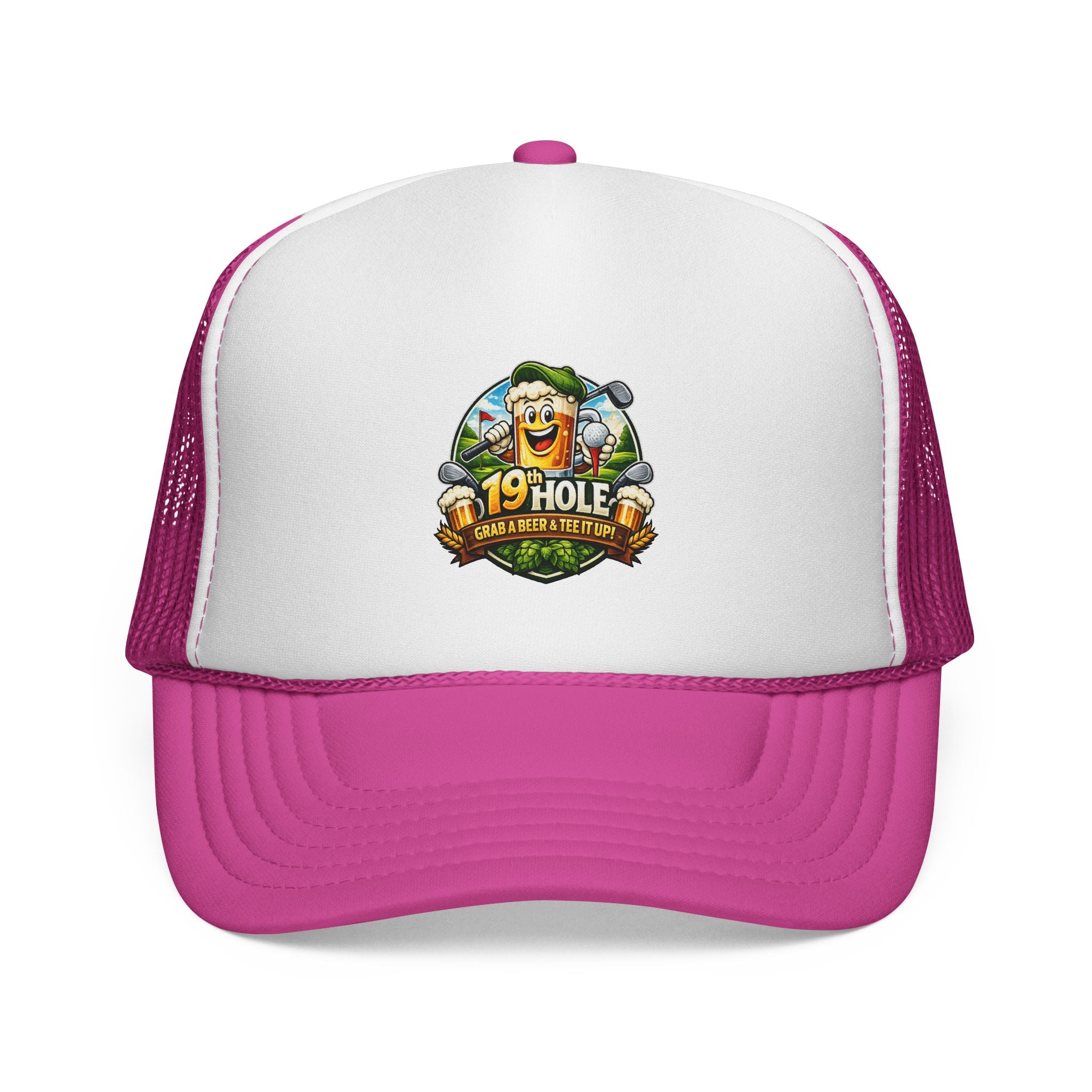 19 Hole Golf Trucker Cap — Funny Golfer Hat with Cartoon Mascot