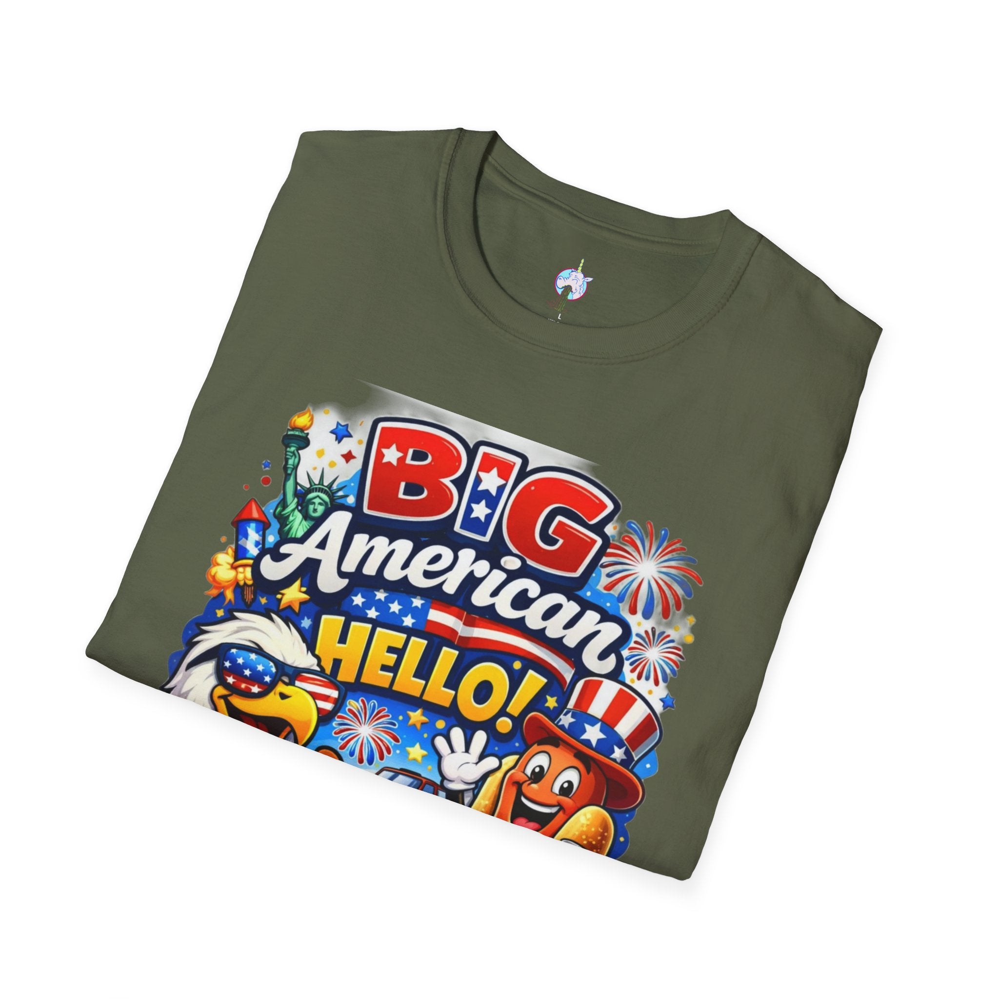 Fourth of July T-Shirt - "Big American Hello" Patriotic BBQ Eagle, Hot Dog & Beer Tee