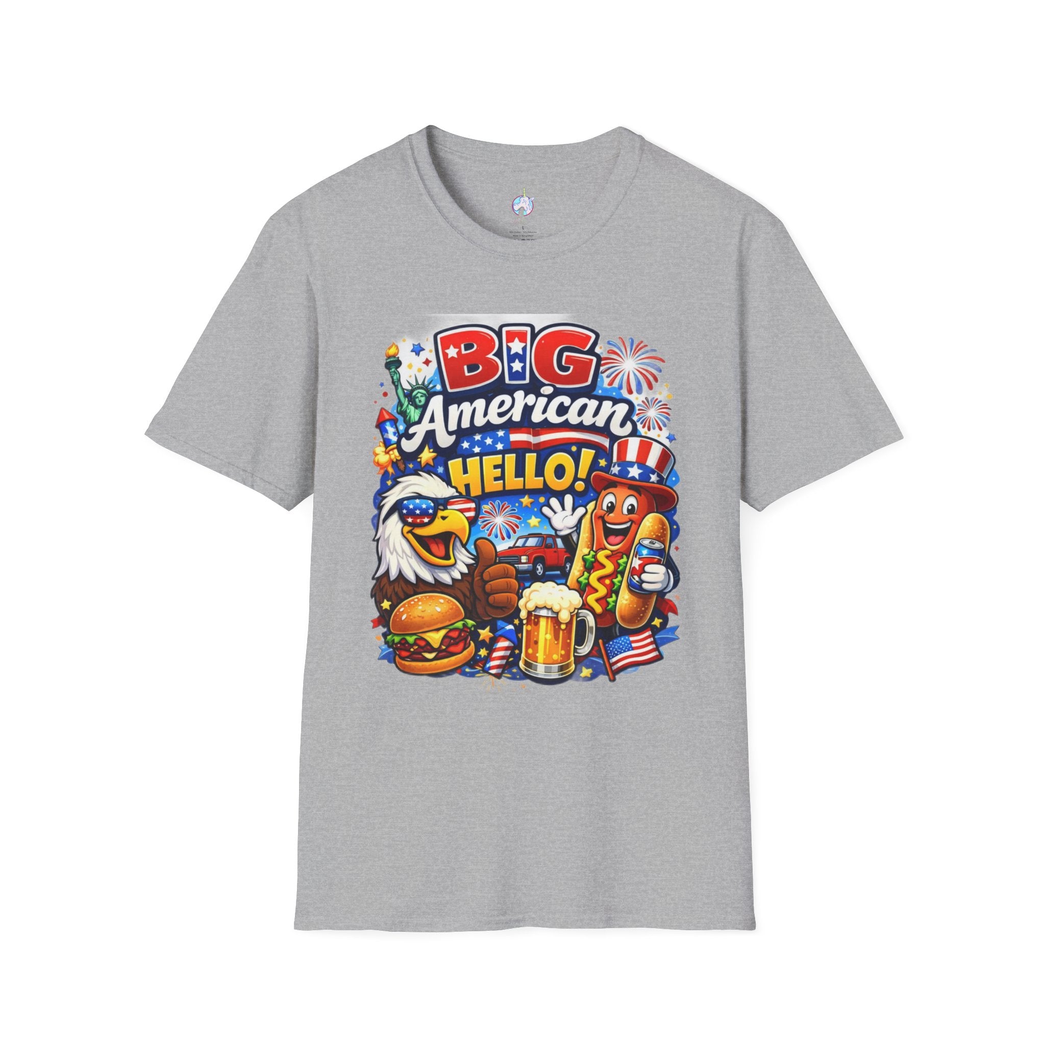 Fourth of July T-Shirt - "Big American Hello" Patriotic BBQ Eagle, Hot Dog & Beer Tee
