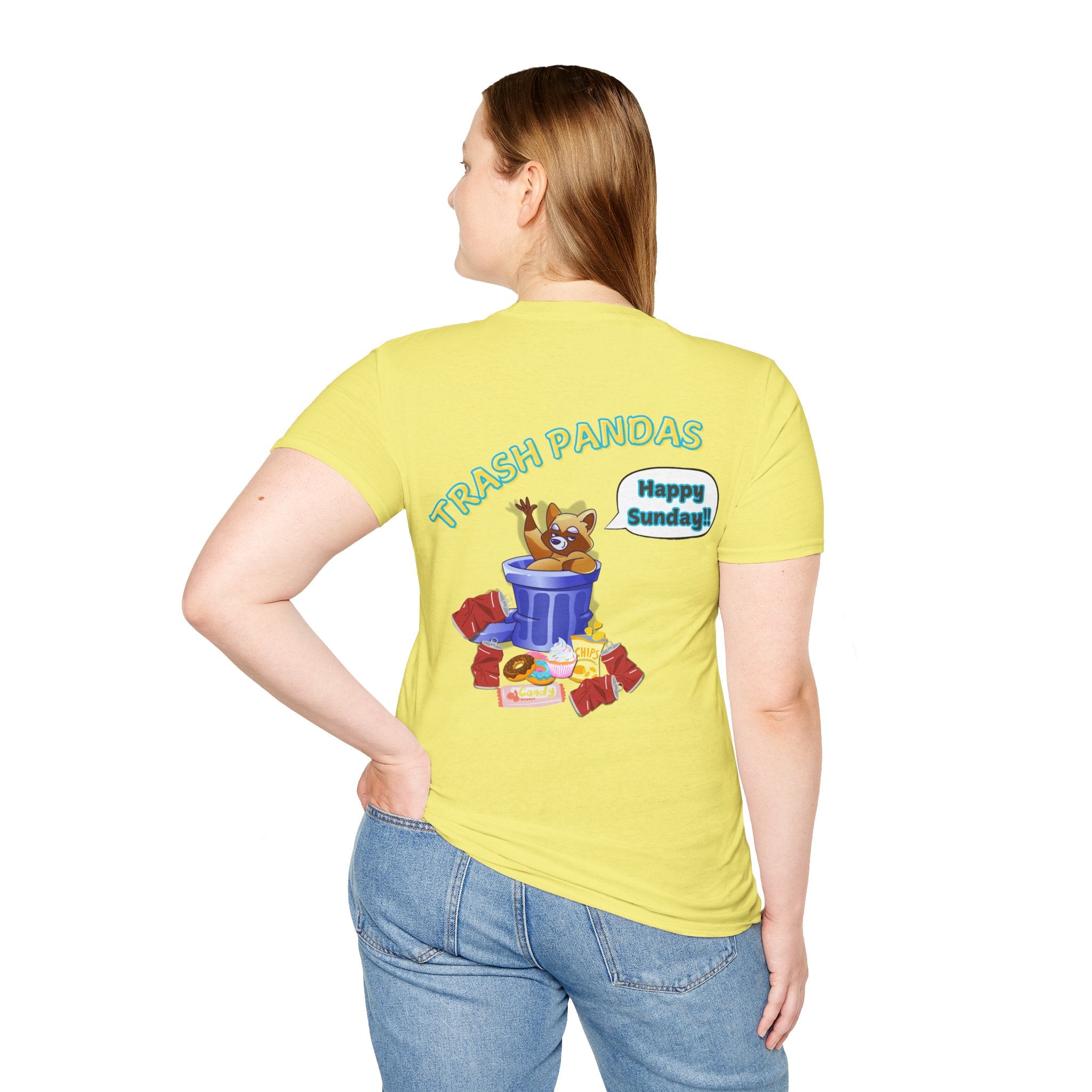 Trash Pandas T-Shirt – Cute Raccoon in Trash Can ‘Happy Sunday!’ Graphic Tee
