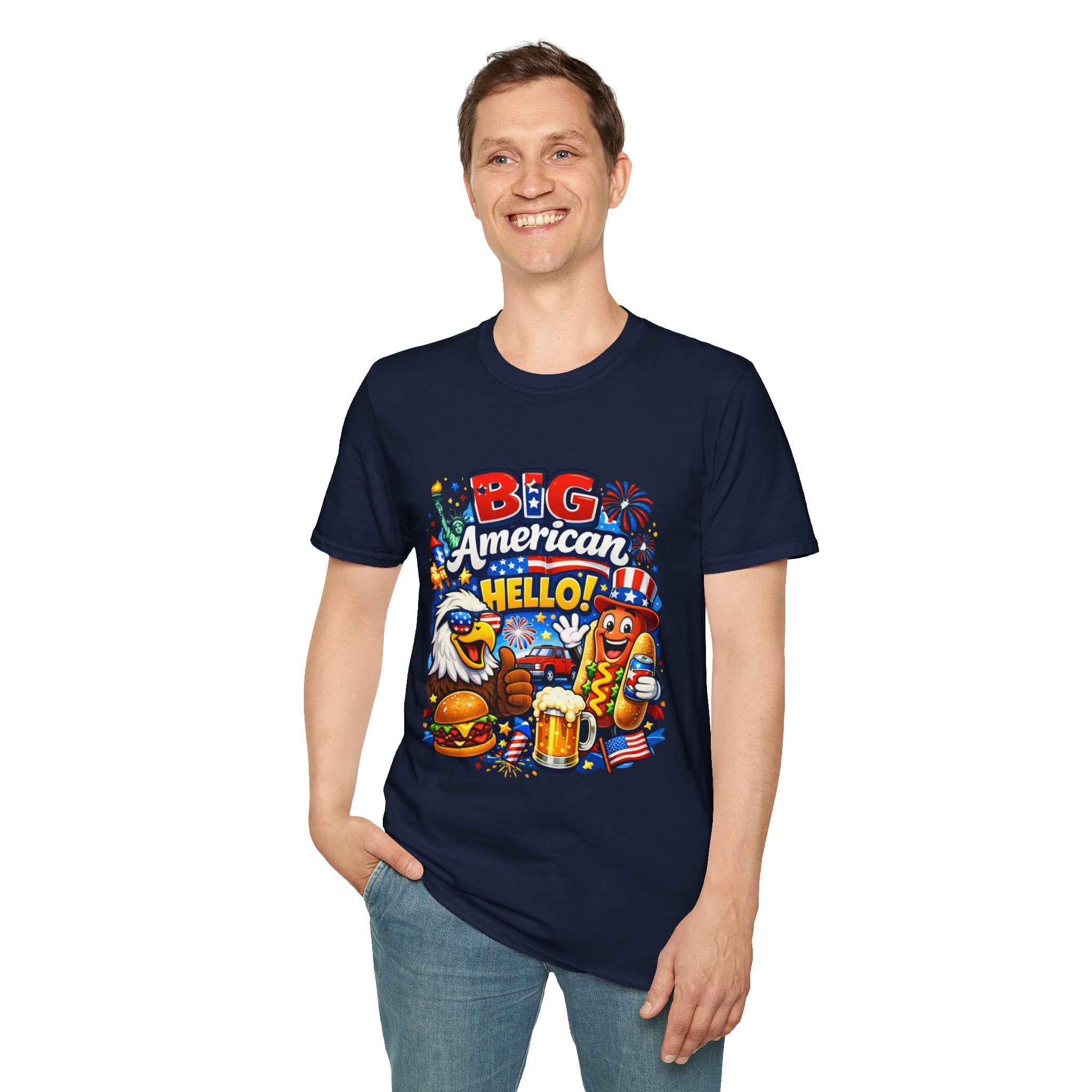 Big American Hello Funny T-Shirt Sarcastic Patriotic Graphic Tee Funny USA Gift 4th of July Novelty American Slogan Tee