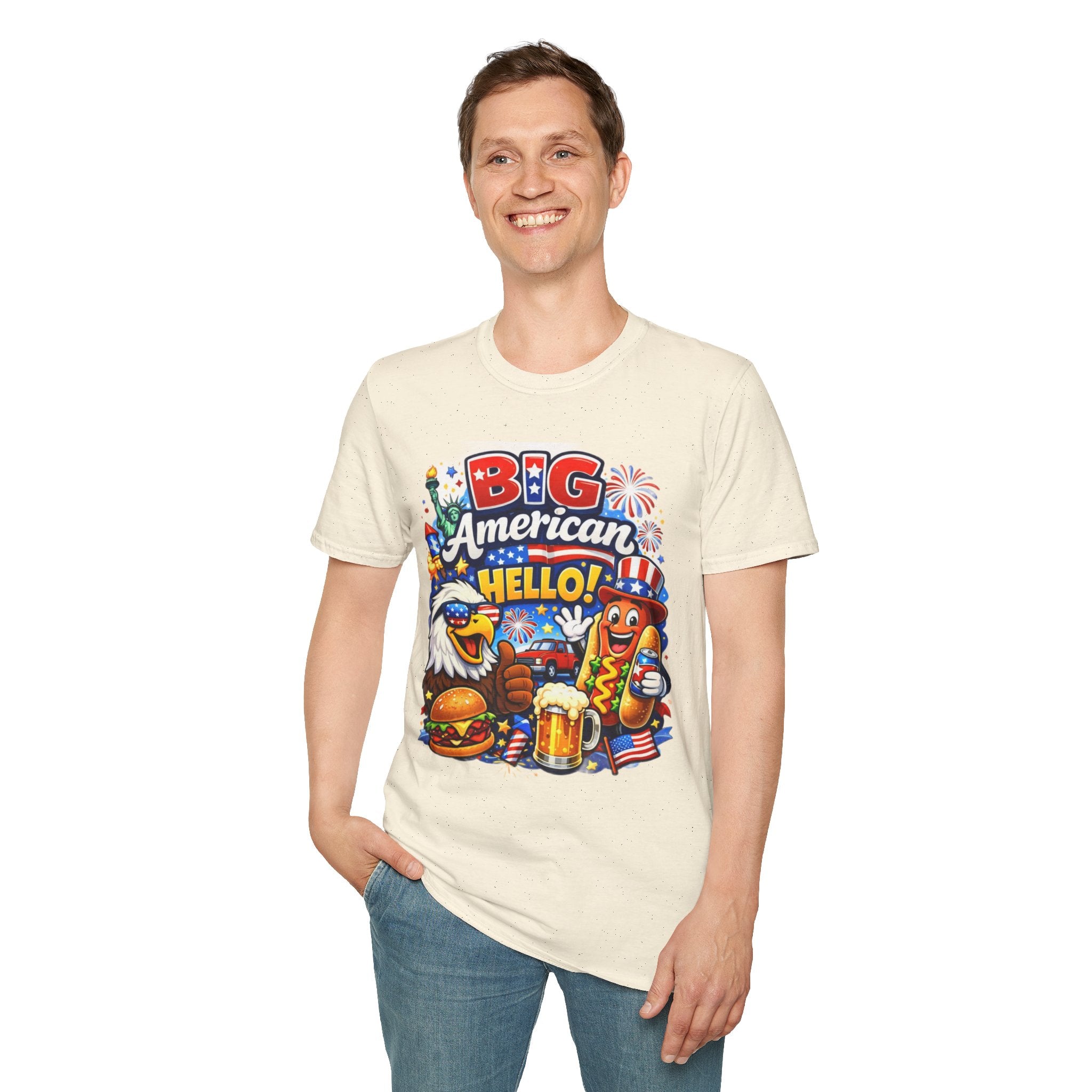 Fourth of July T-Shirt - "Big American Hello" Patriotic BBQ Eagle, Hot Dog & Beer Tee