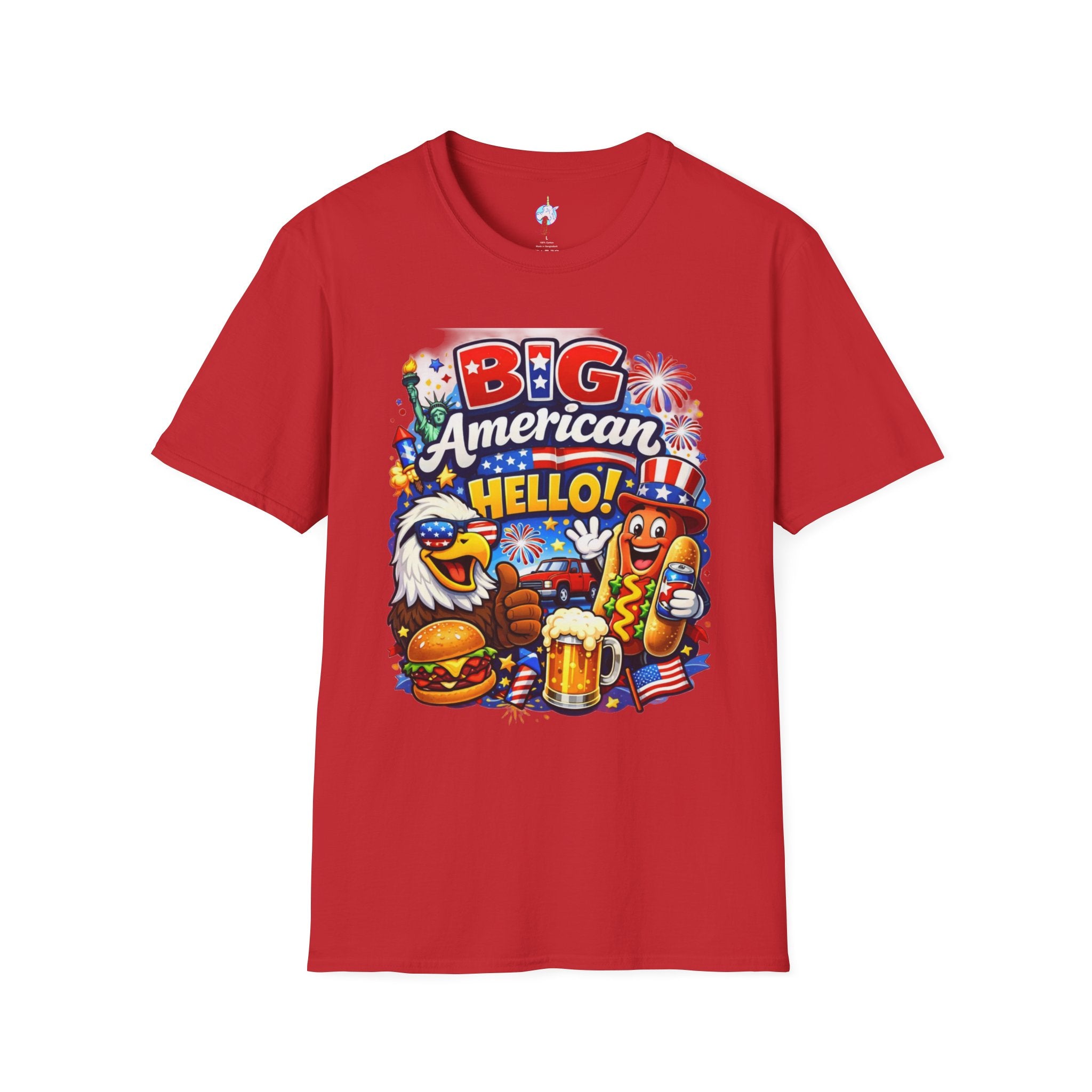 Fourth of July T-Shirt - "Big American Hello" Patriotic BBQ Eagle, Hot Dog & Beer Tee