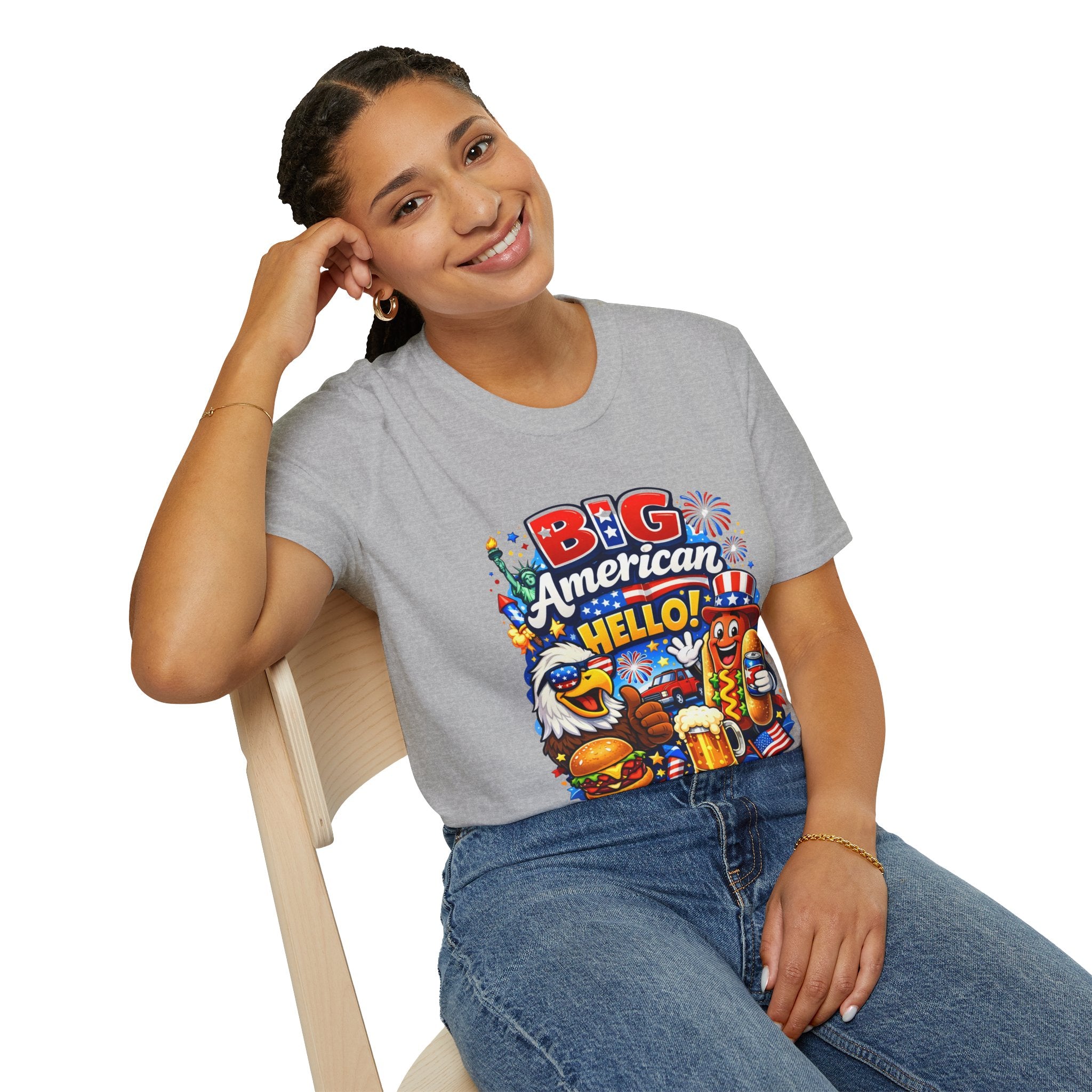 Big American Hello Funny T-Shirt Sarcastic Patriotic Graphic Tee Funny USA Gift 4th of July Novelty American Slogan Tee
