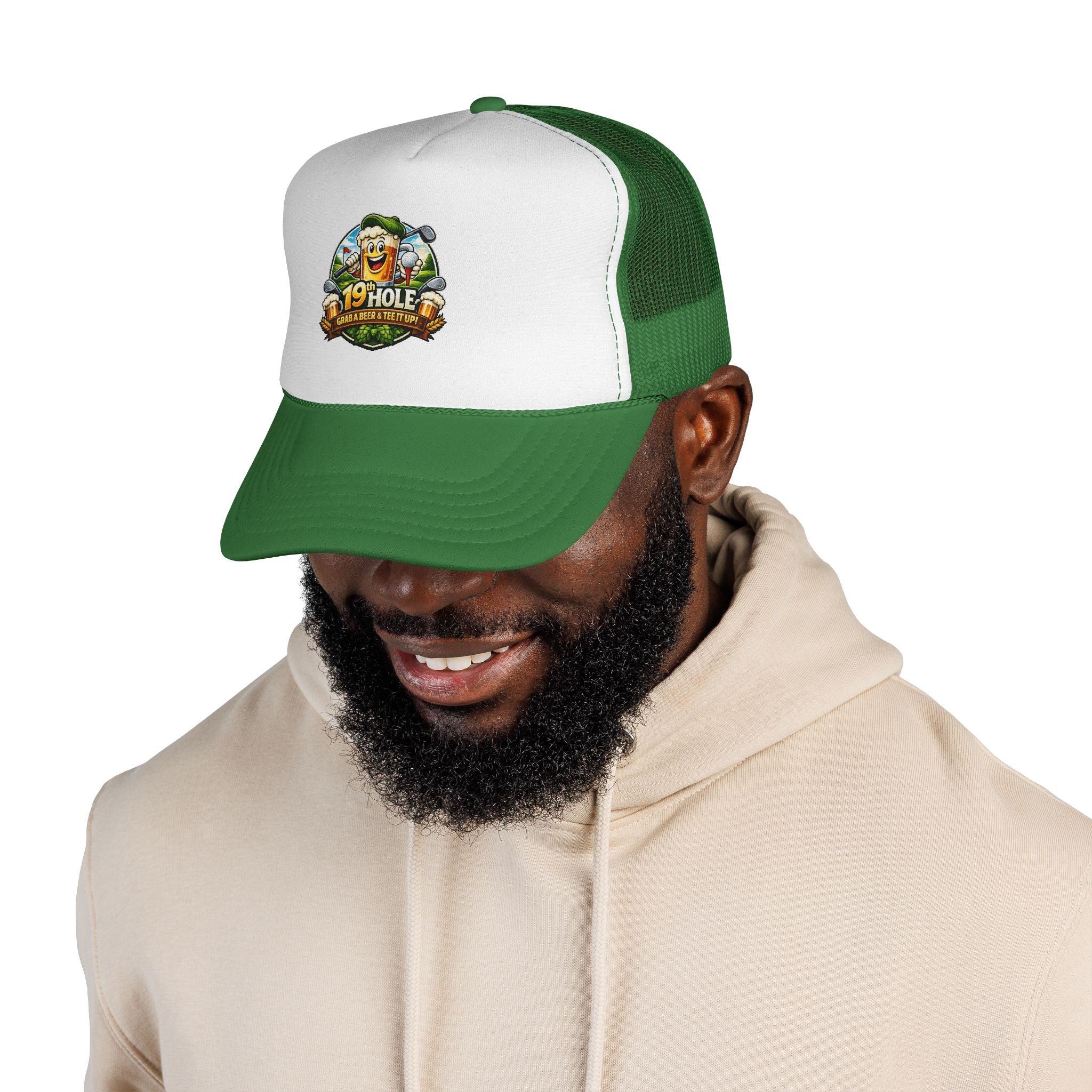 19 Hole Golf Trucker Cap — Funny Golfer Hat with Cartoon Mascot