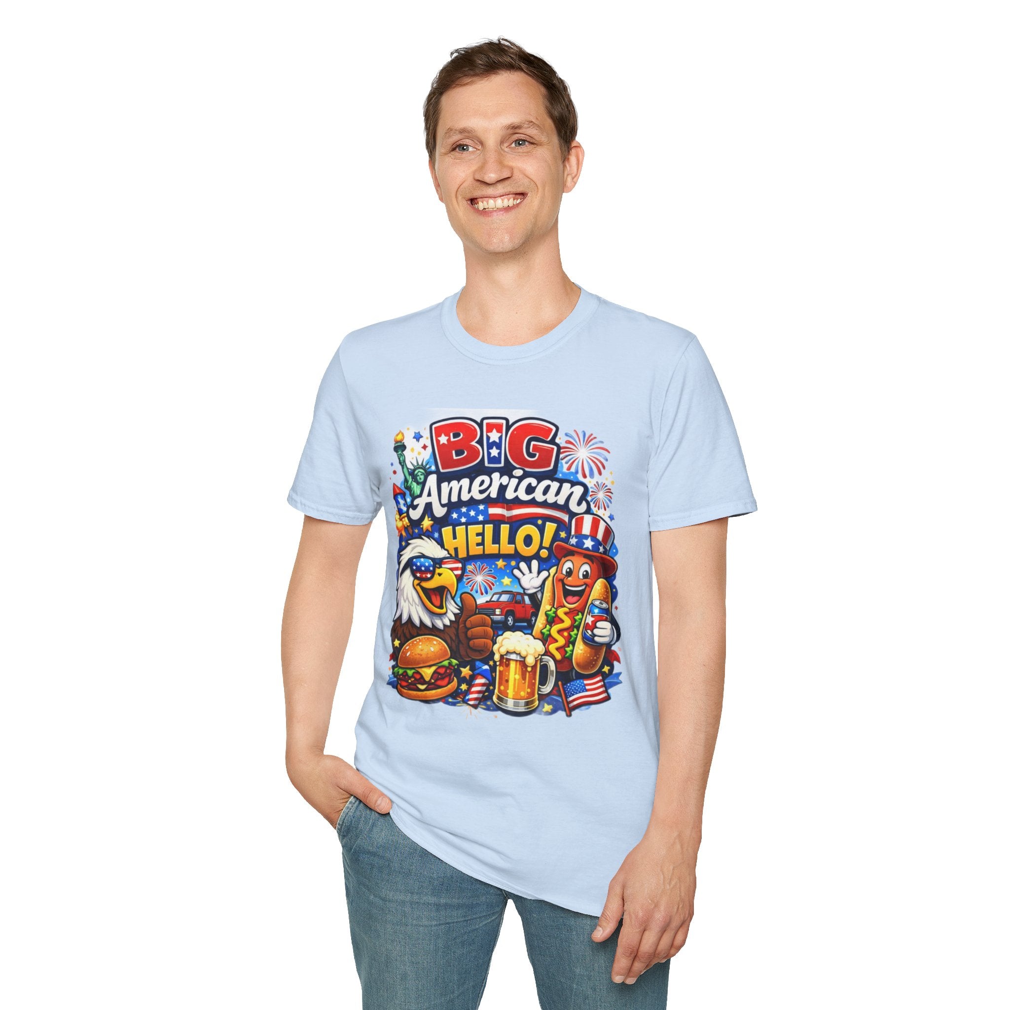 Fourth of July T-Shirt - "Big American Hello" Patriotic BBQ Eagle, Hot Dog & Beer Tee