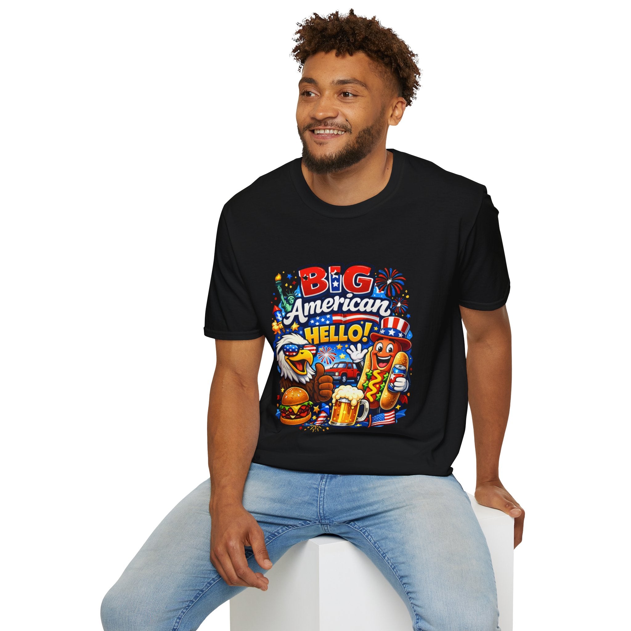 Big American Hello Funny T-Shirt Sarcastic Patriotic Graphic Tee Funny USA Gift 4th of July Novelty American Slogan Tee