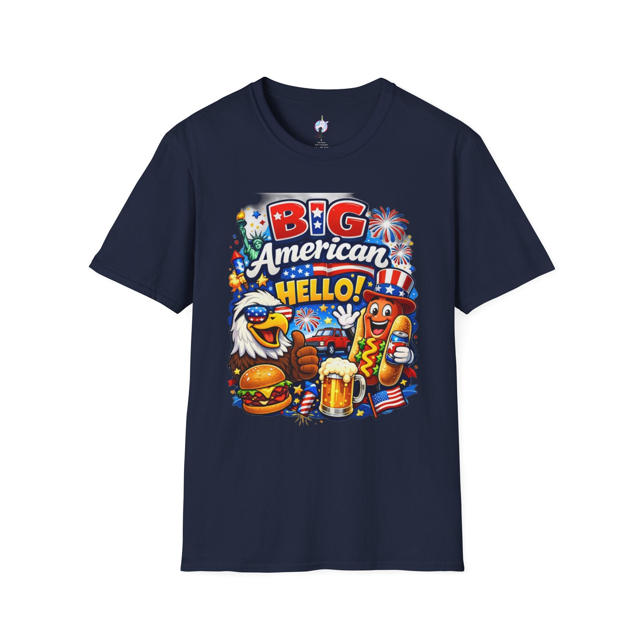Fourth of July T-Shirt - "Big American Hello" Patriotic BBQ Eagle, Hot Dog & Beer Tee