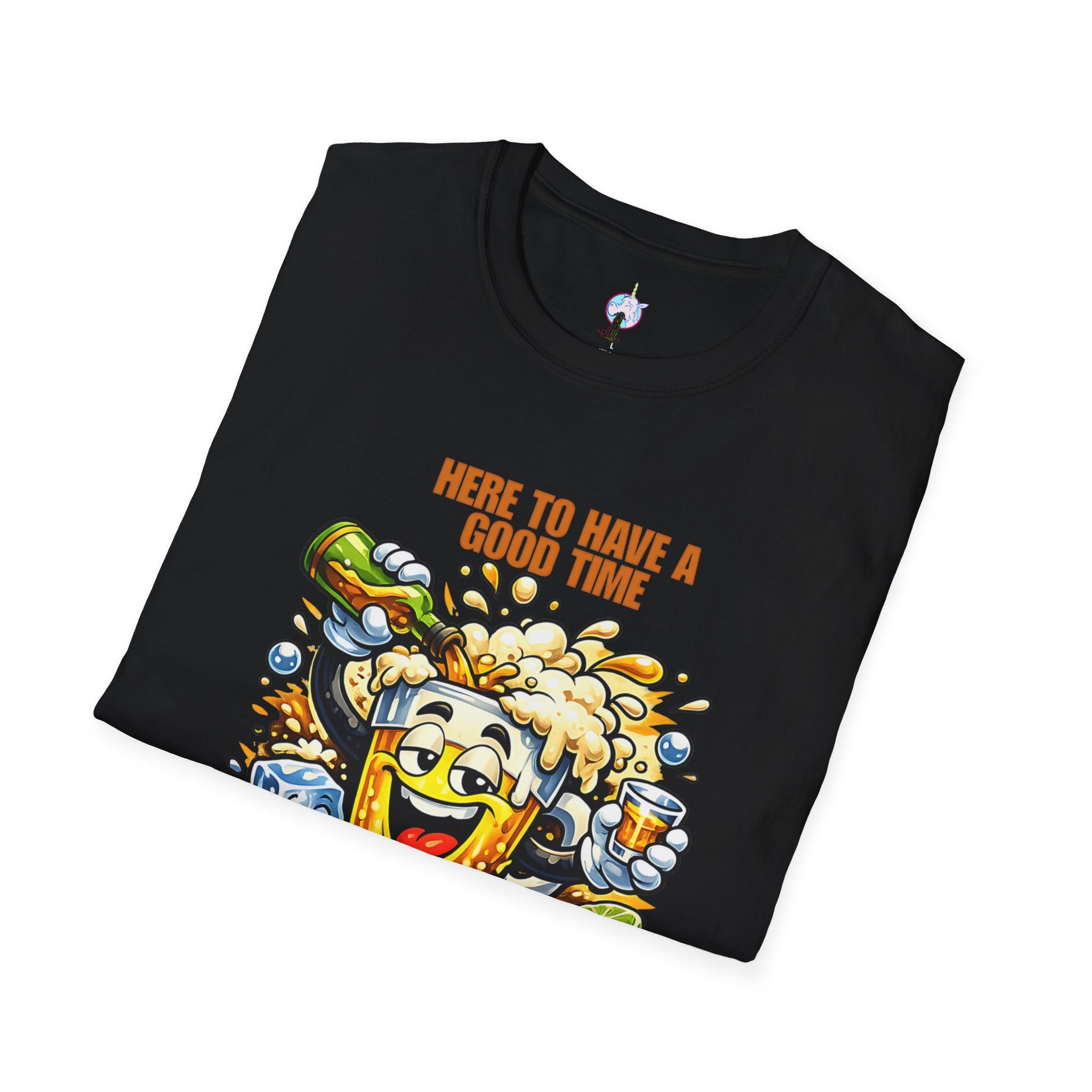 Beer Party T-Shirt — "Here to Have a Good Time" Cartoon Mug Graphic
