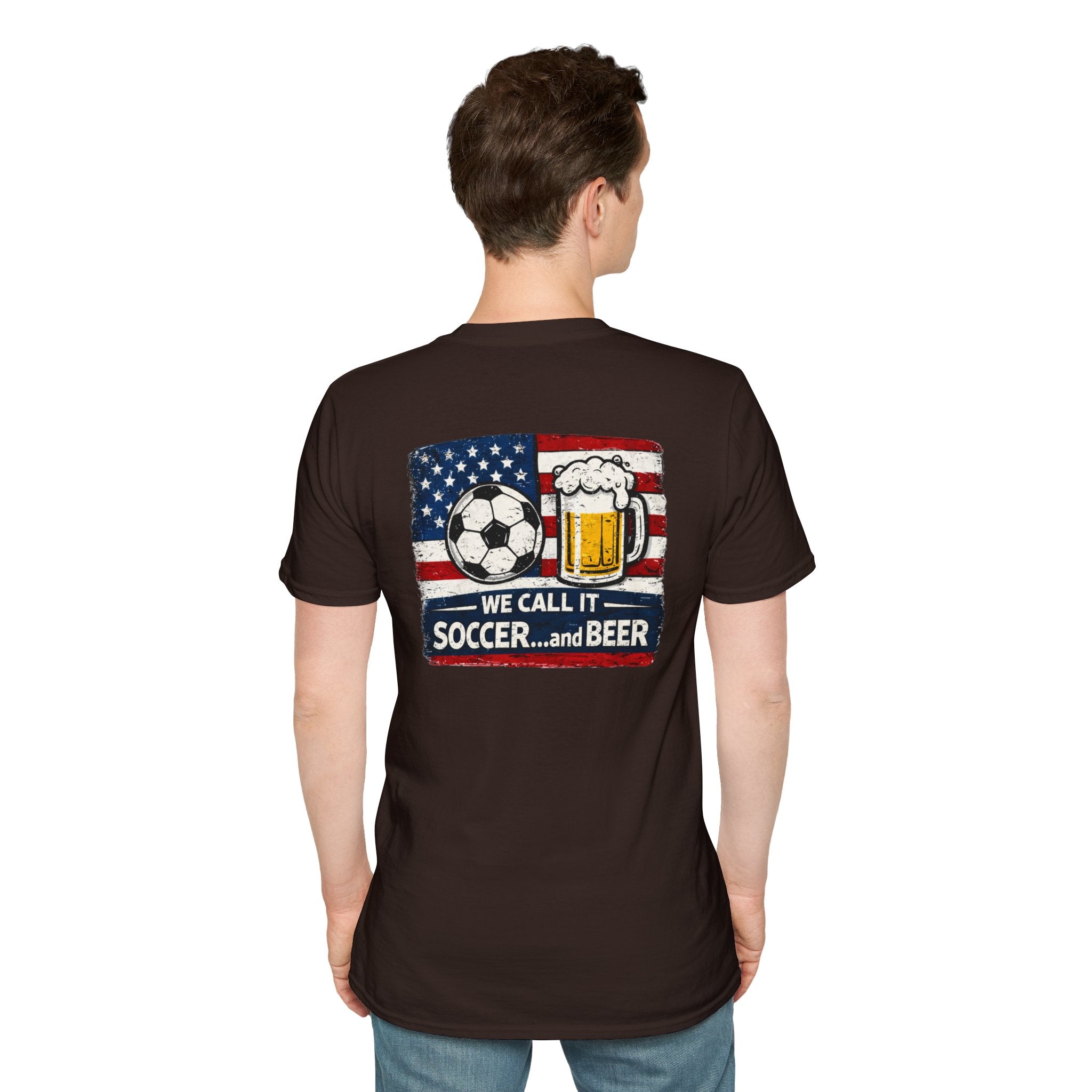 Soccer and Beer T-Shirt — American Flag Soccer Ball & Beer Graphic Tee