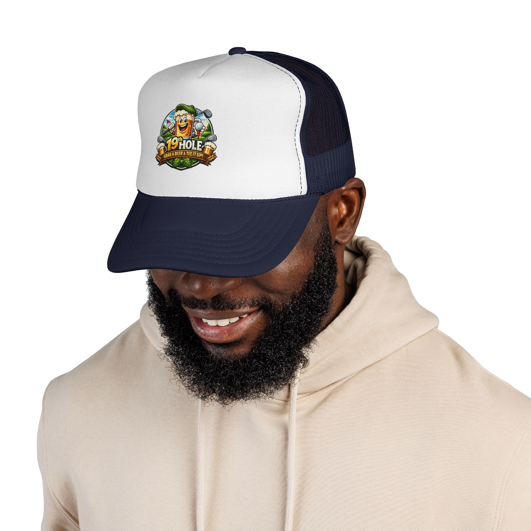 19 Hole Golf Trucker Cap — Funny Golfer Hat with Cartoon Mascot