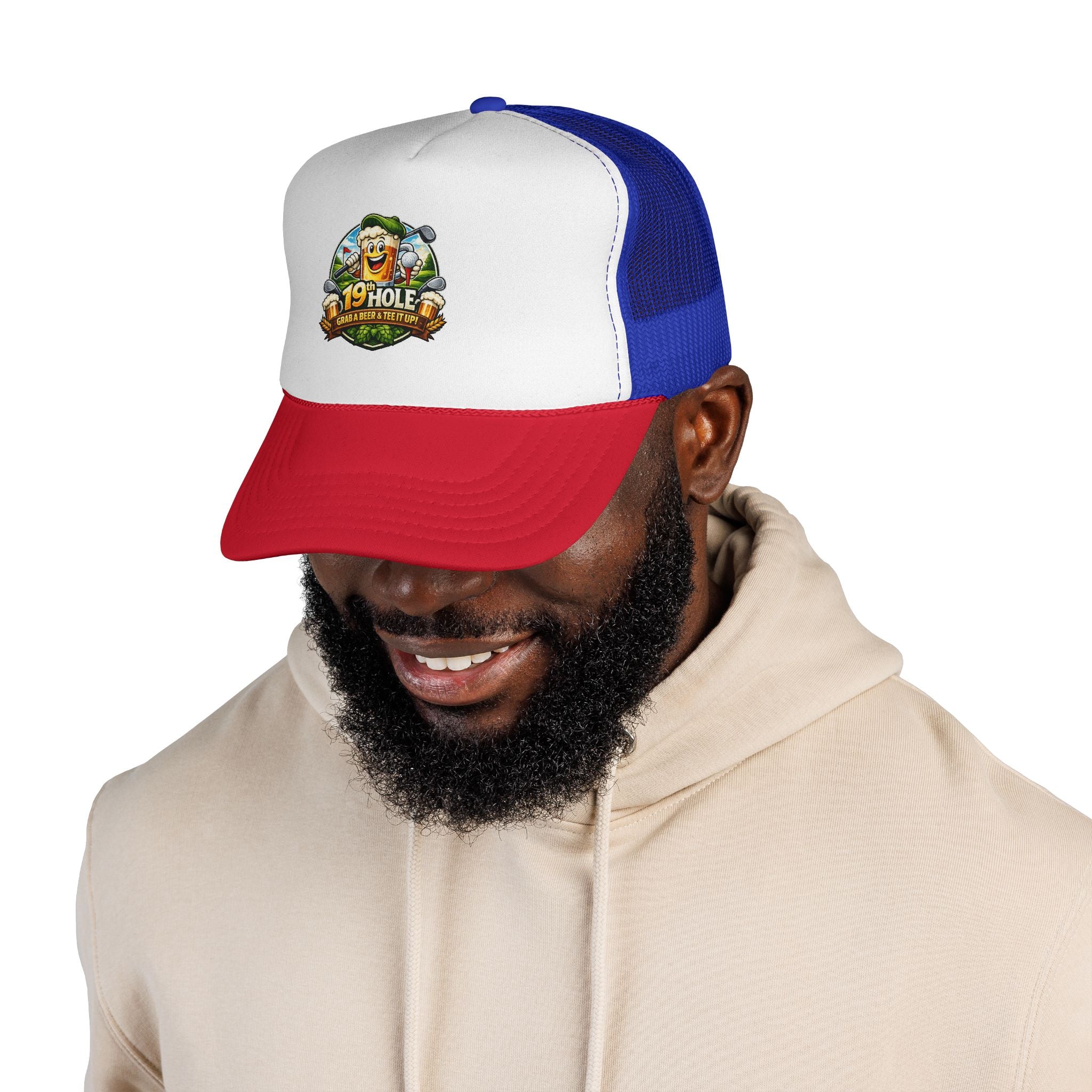 19 Hole Golf Trucker Cap — Funny Golfer Hat with Cartoon Mascot