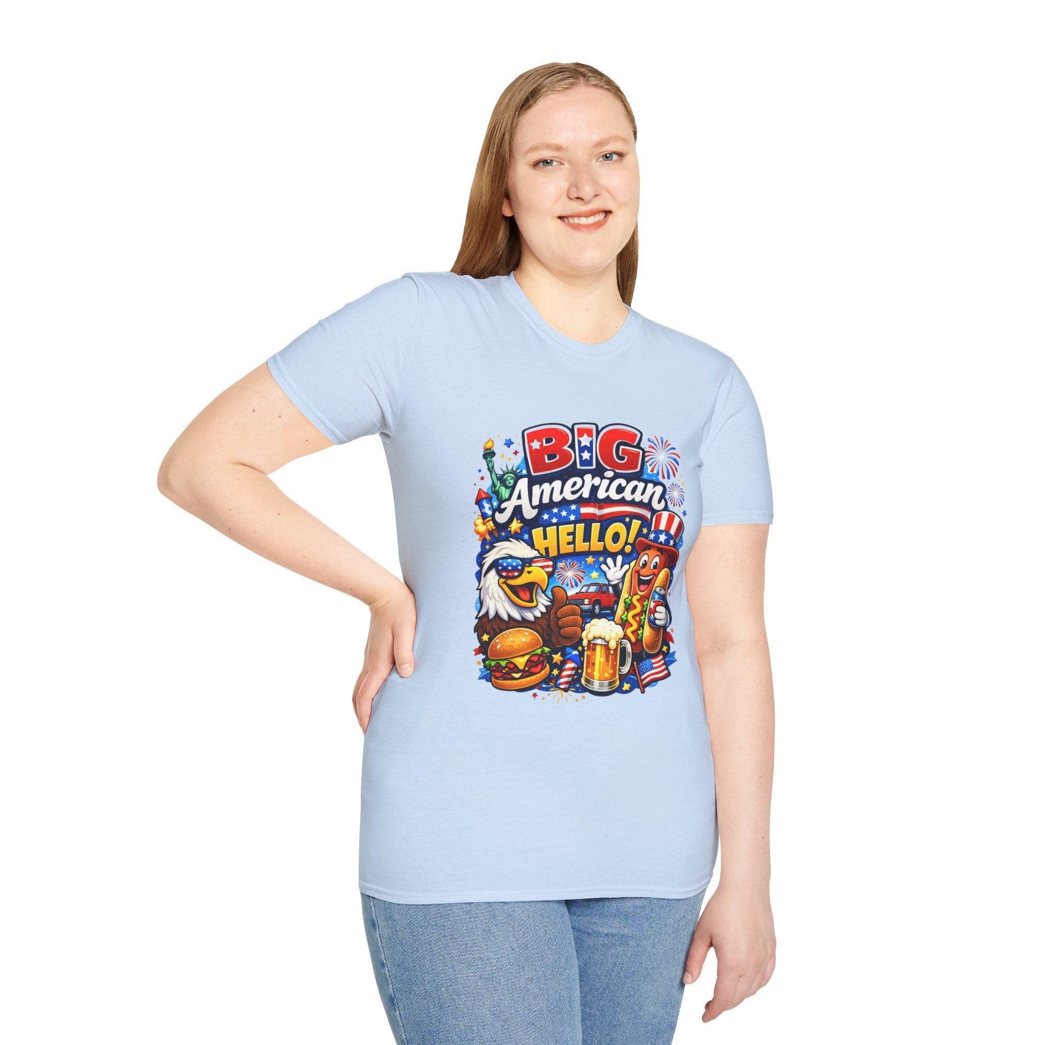 Big American Hello Funny T-Shirt Sarcastic Patriotic Graphic Tee Funny USA Gift 4th of July Novelty American Slogan Tee