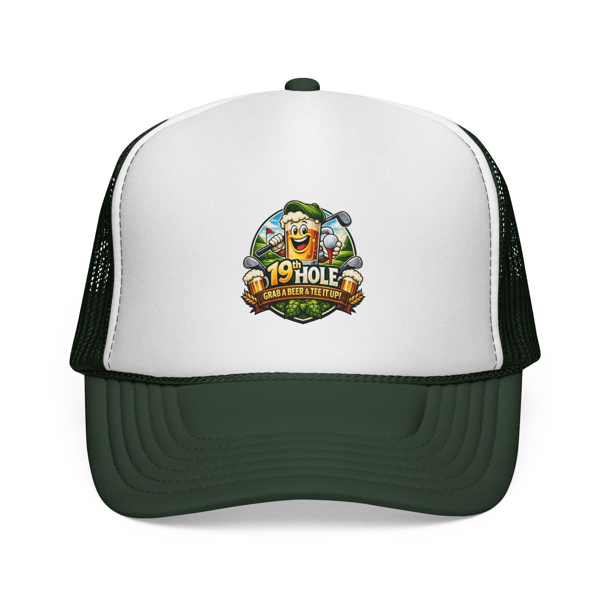 19 Hole Golf Trucker Cap — Funny Golfer Hat with Cartoon Mascot