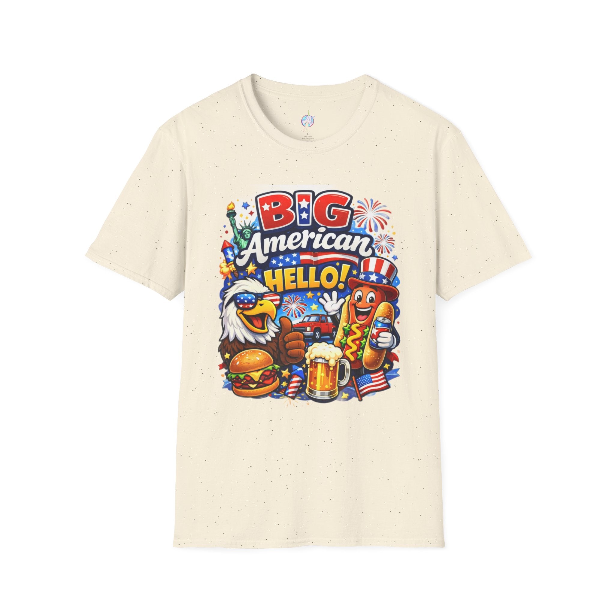 Fourth of July T-Shirt - "Big American Hello" Patriotic BBQ Eagle, Hot Dog & Beer Tee