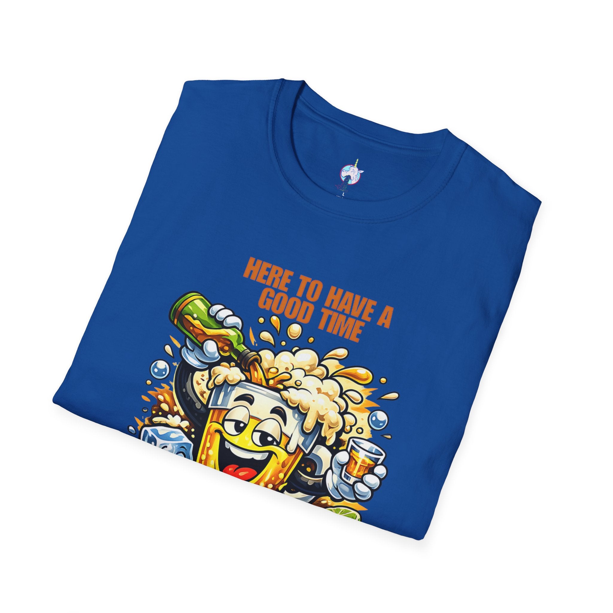 Beer Party T-Shirt — "Here to Have a Good Time" Cartoon Mug Graphic