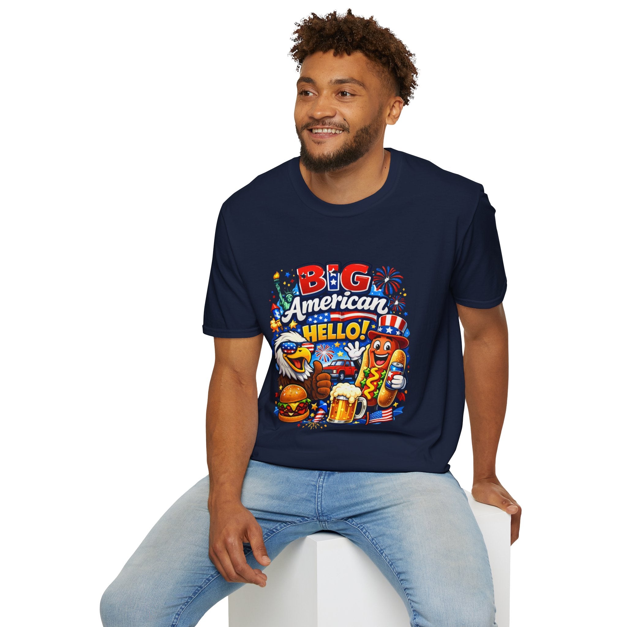 Big American Hello Funny T-Shirt Sarcastic Patriotic Graphic Tee Funny USA Gift 4th of July Novelty American Slogan Tee