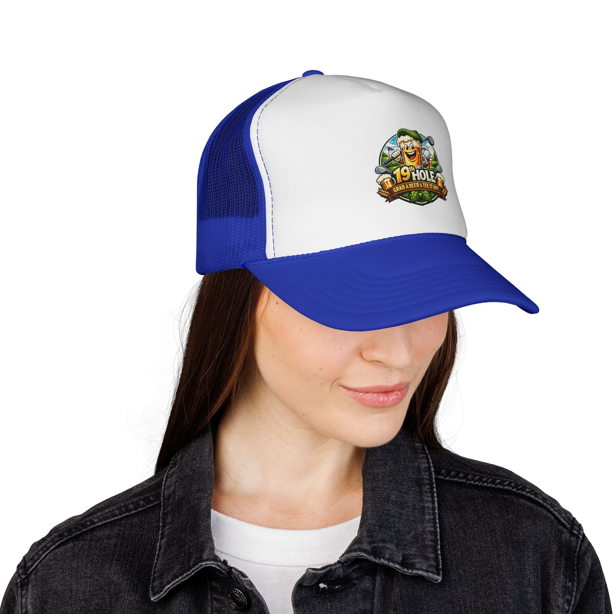 19 Hole Golf Trucker Cap — Funny Golfer Hat with Cartoon Mascot