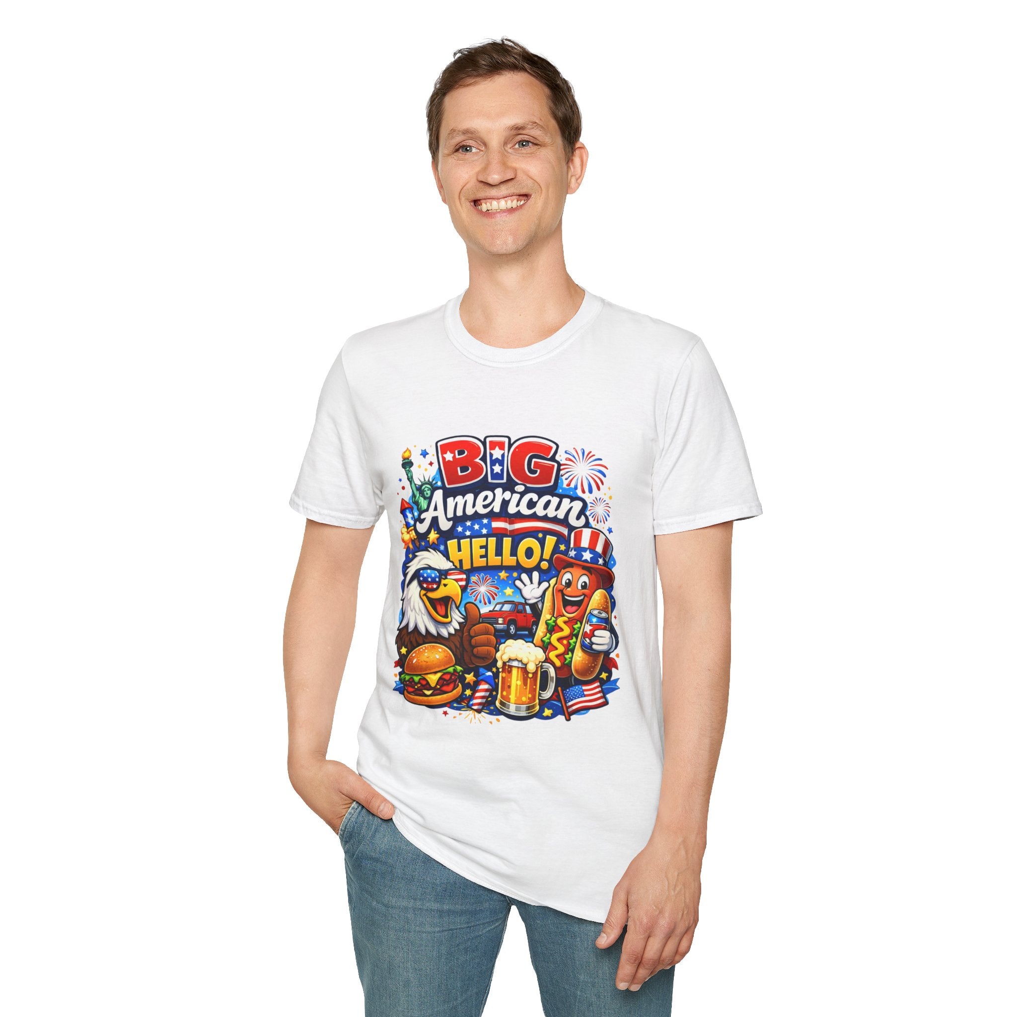 Big American Hello Funny T-Shirt Sarcastic Patriotic Graphic Tee Funny USA Gift 4th of July Novelty American Slogan Tee
