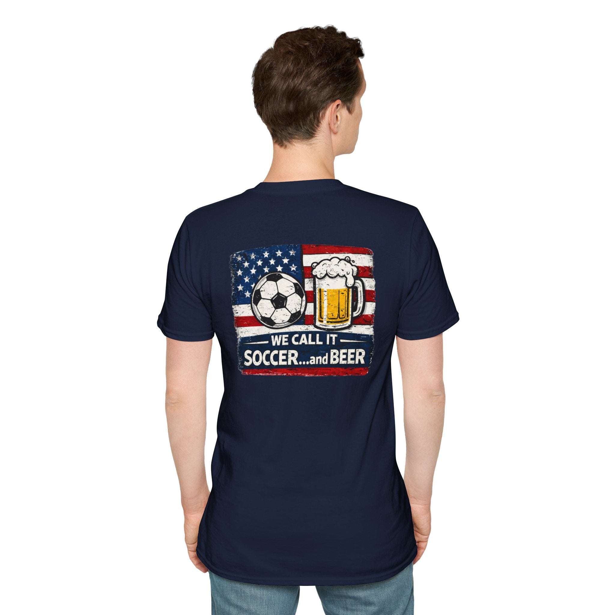Soccer and Beer T-Shirt — American Flag Soccer Ball & Beer Graphic Tee