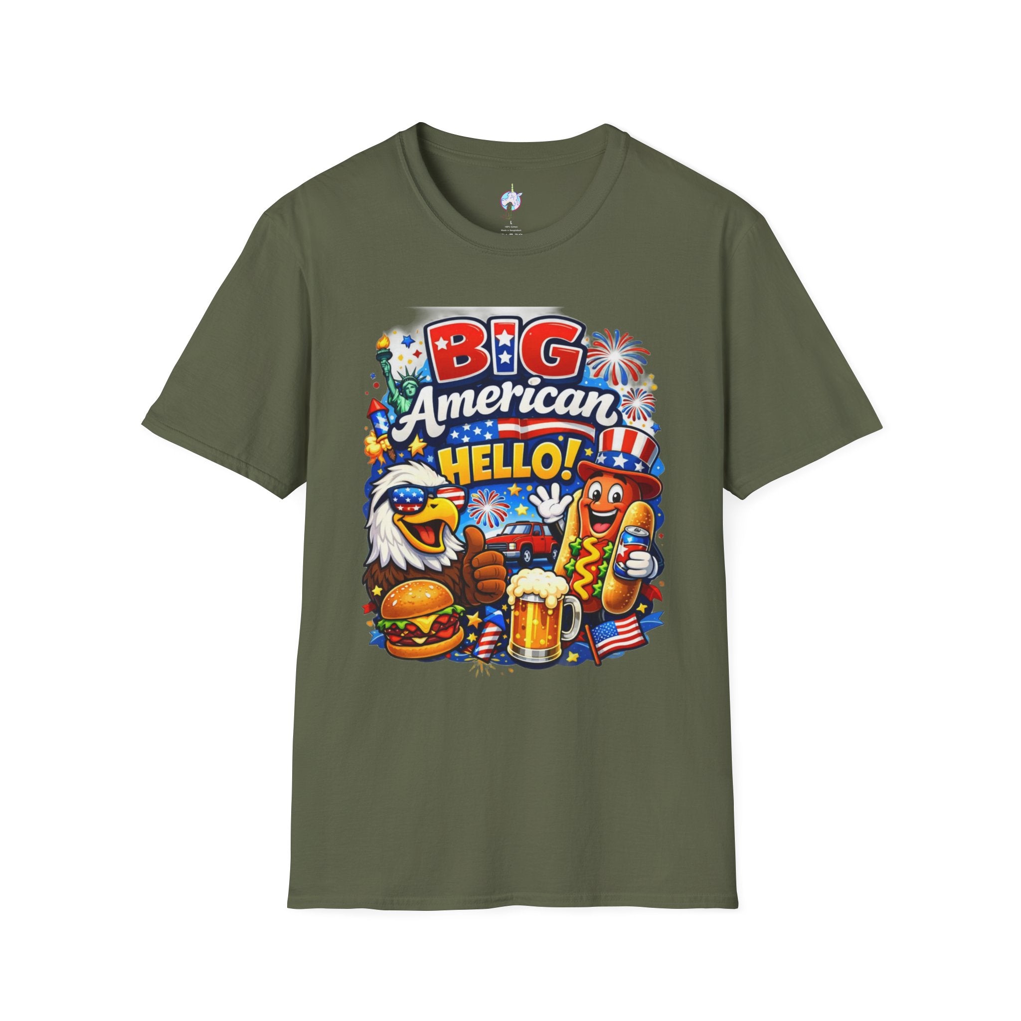 Fourth of July T-Shirt - "Big American Hello" Patriotic BBQ Eagle, Hot Dog & Beer Tee