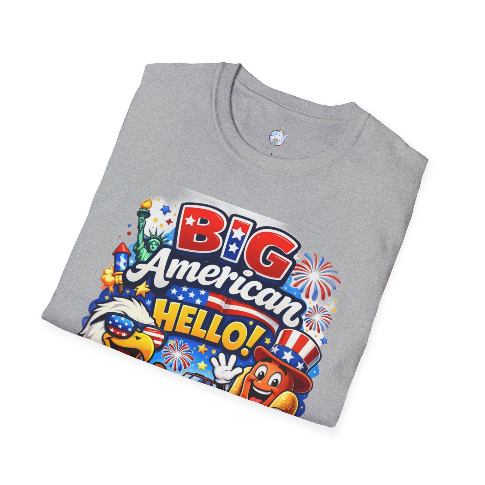 Fourth of July T-Shirt - "Big American Hello" Patriotic BBQ Eagle, Hot Dog & Beer Tee