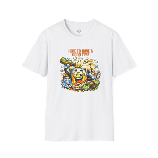 Beer Party T-Shirt — "Here to Have a Good Time" Cartoon Mug Graphic