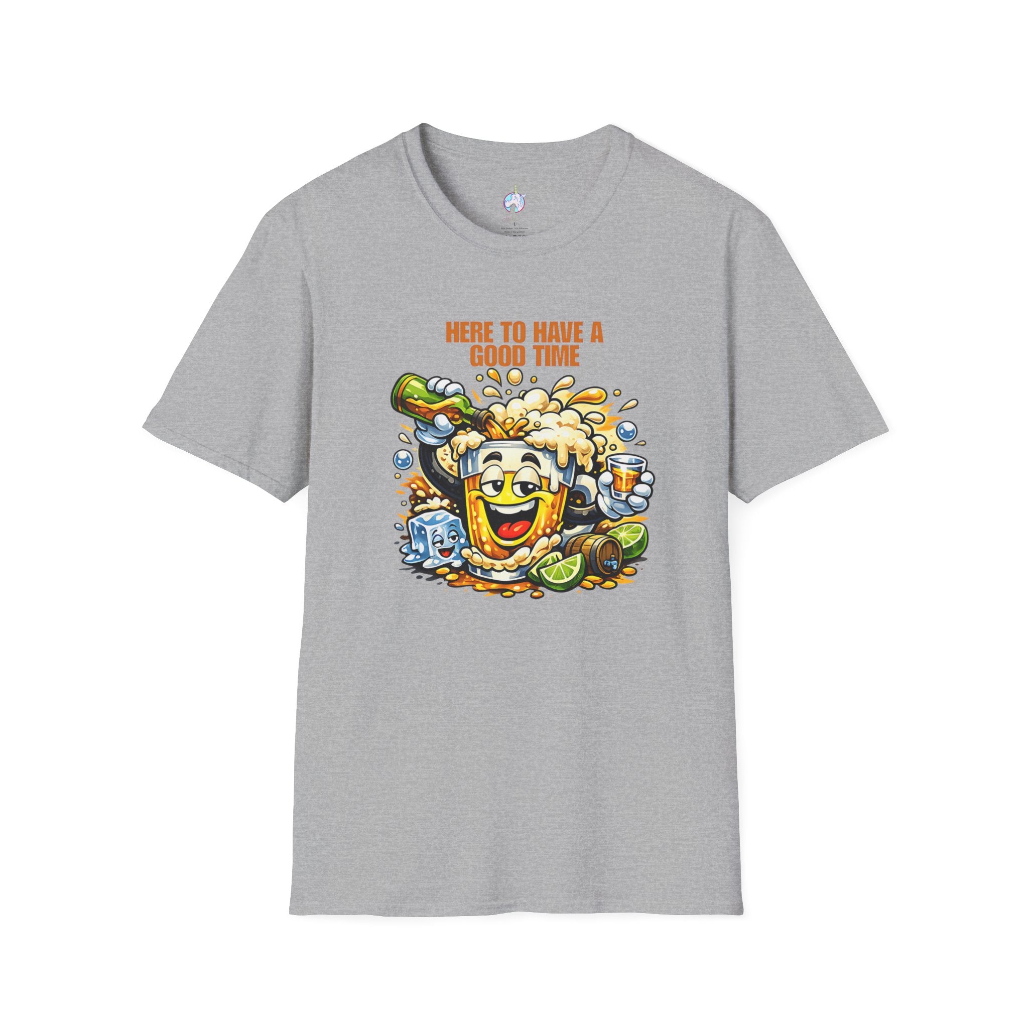 Beer Party T-Shirt — "Here to Have a Good Time" Cartoon Mug Graphic