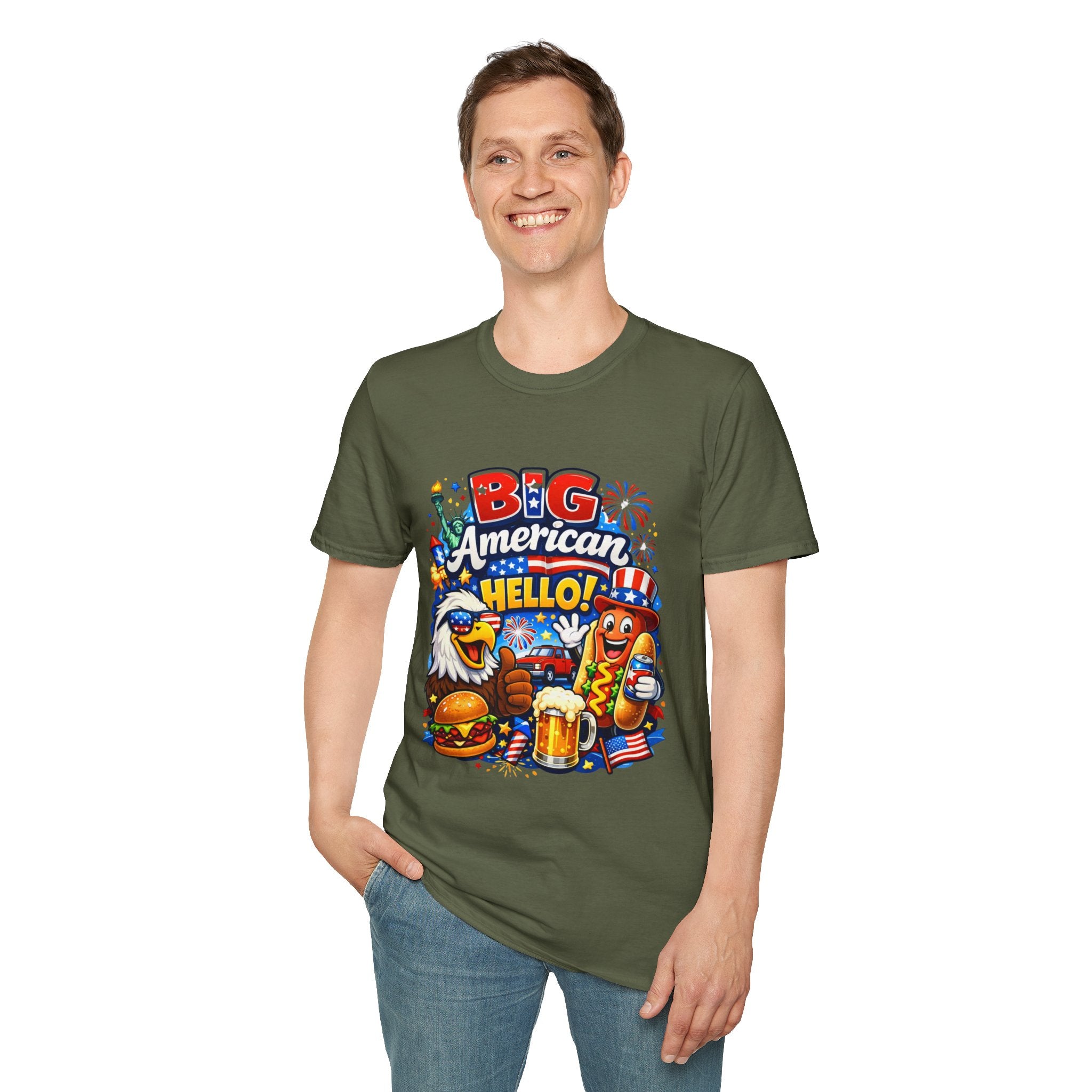 Big American Hello Funny T-Shirt Sarcastic Patriotic Graphic Tee Funny USA Gift 4th of July Novelty American Slogan Tee