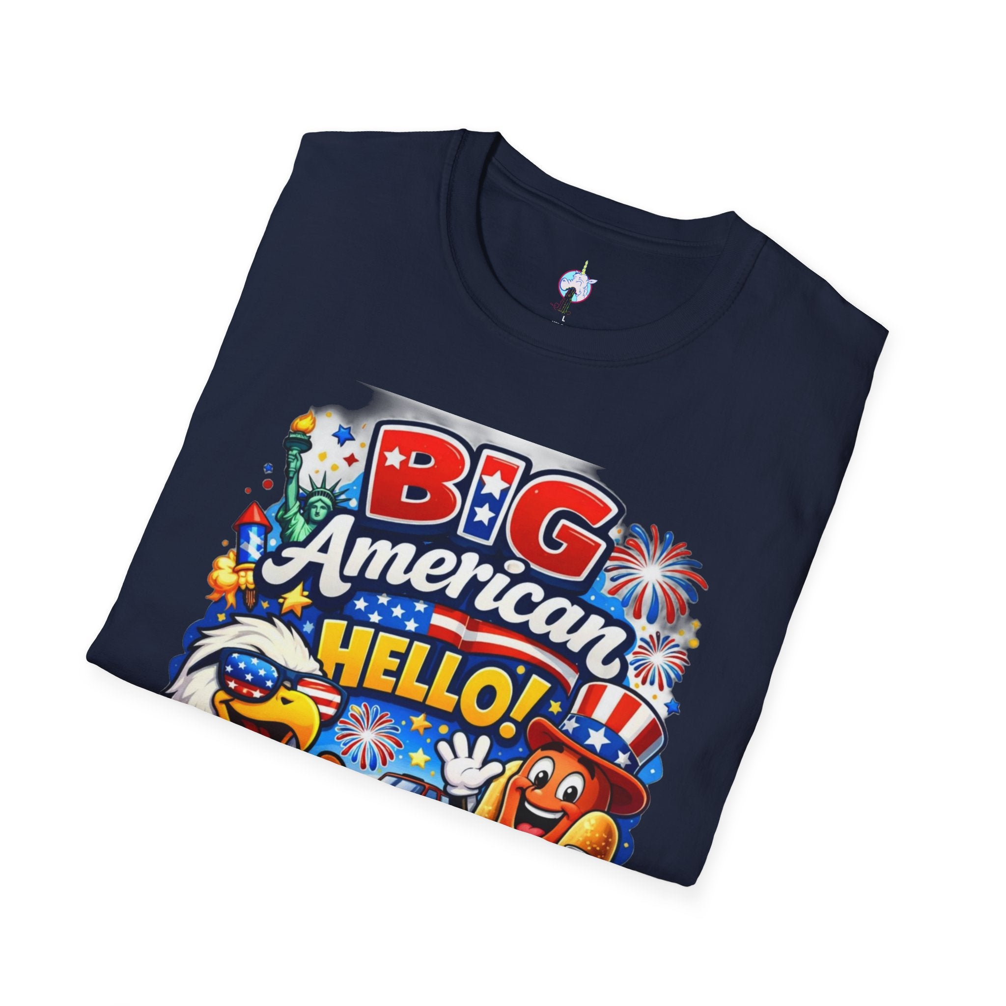 Fourth of July T-Shirt - "Big American Hello" Patriotic BBQ Eagle, Hot Dog & Beer Tee