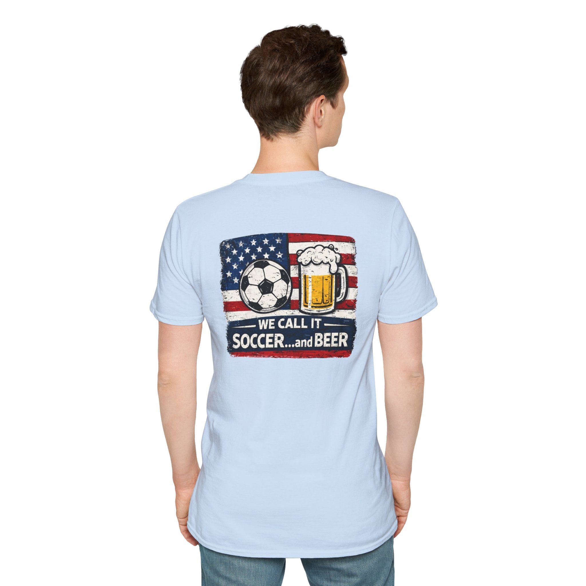 Soccer and Beer T-Shirt — American Flag Soccer Ball & Beer Graphic Tee