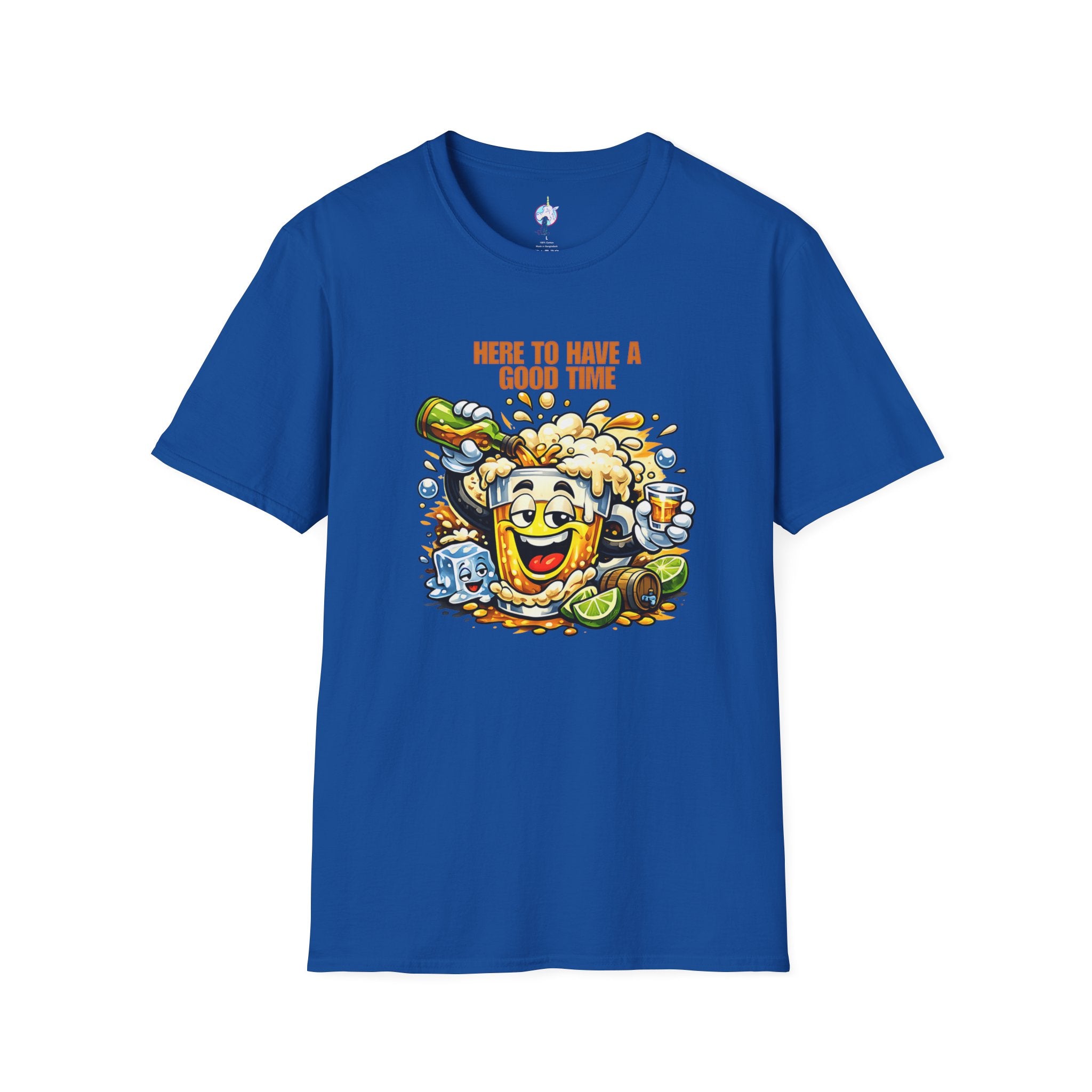 Beer Party T-Shirt — "Here to Have a Good Time" Cartoon Mug Graphic