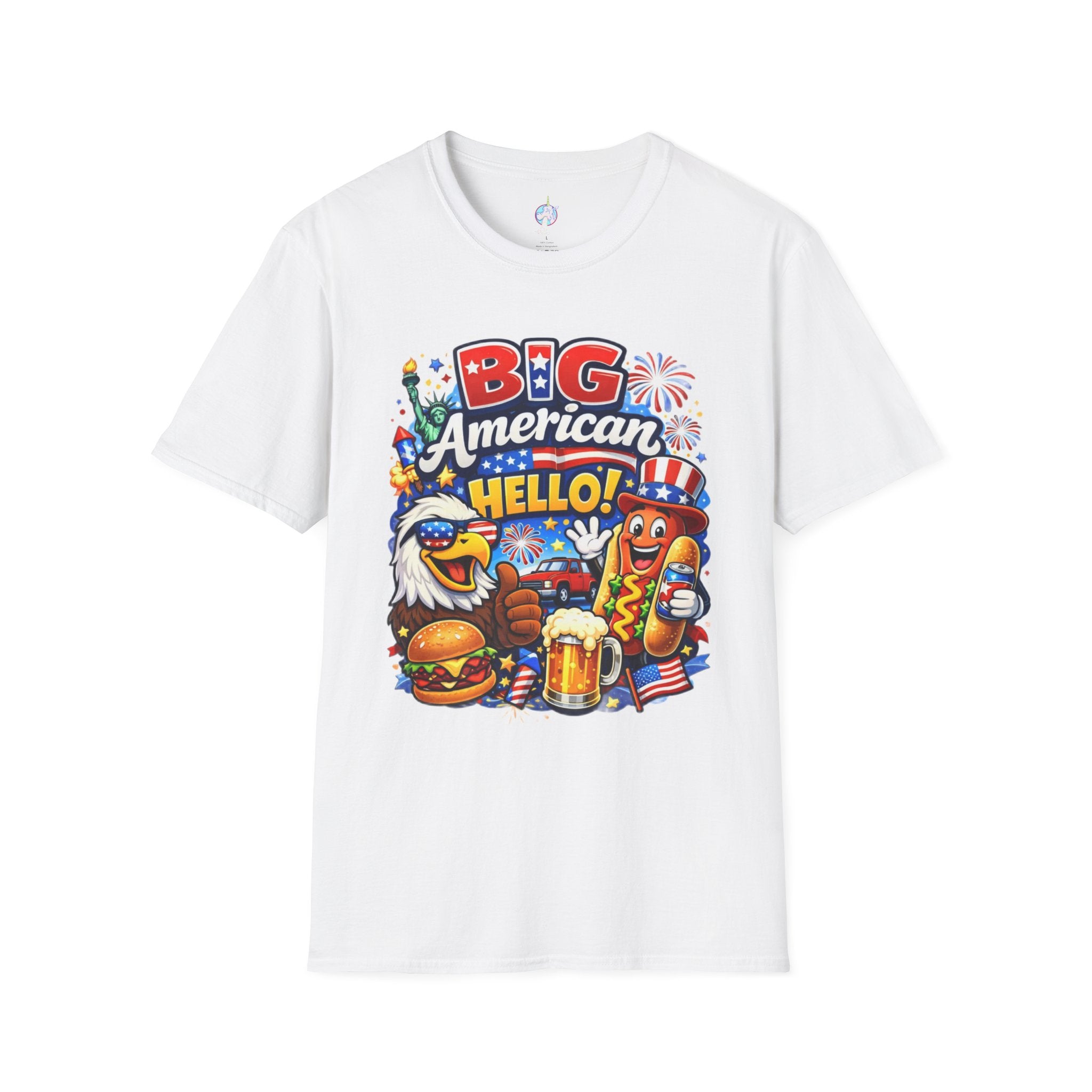 Fourth of July T-Shirt - "Big American Hello" Patriotic BBQ Eagle, Hot Dog & Beer Tee