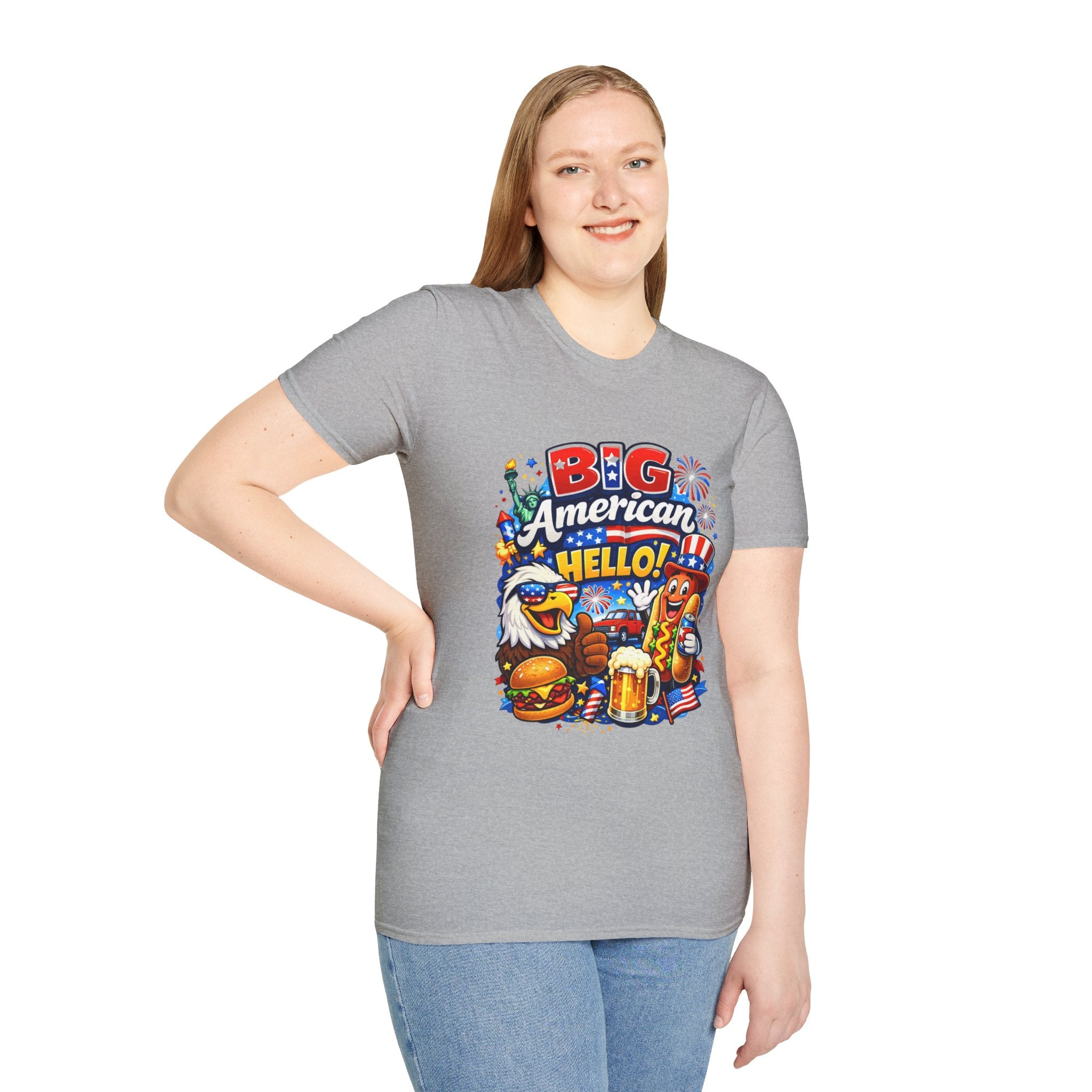 Big American Hello Funny T-Shirt Sarcastic Patriotic Graphic Tee Funny USA Gift 4th of July Novelty American Slogan Tee