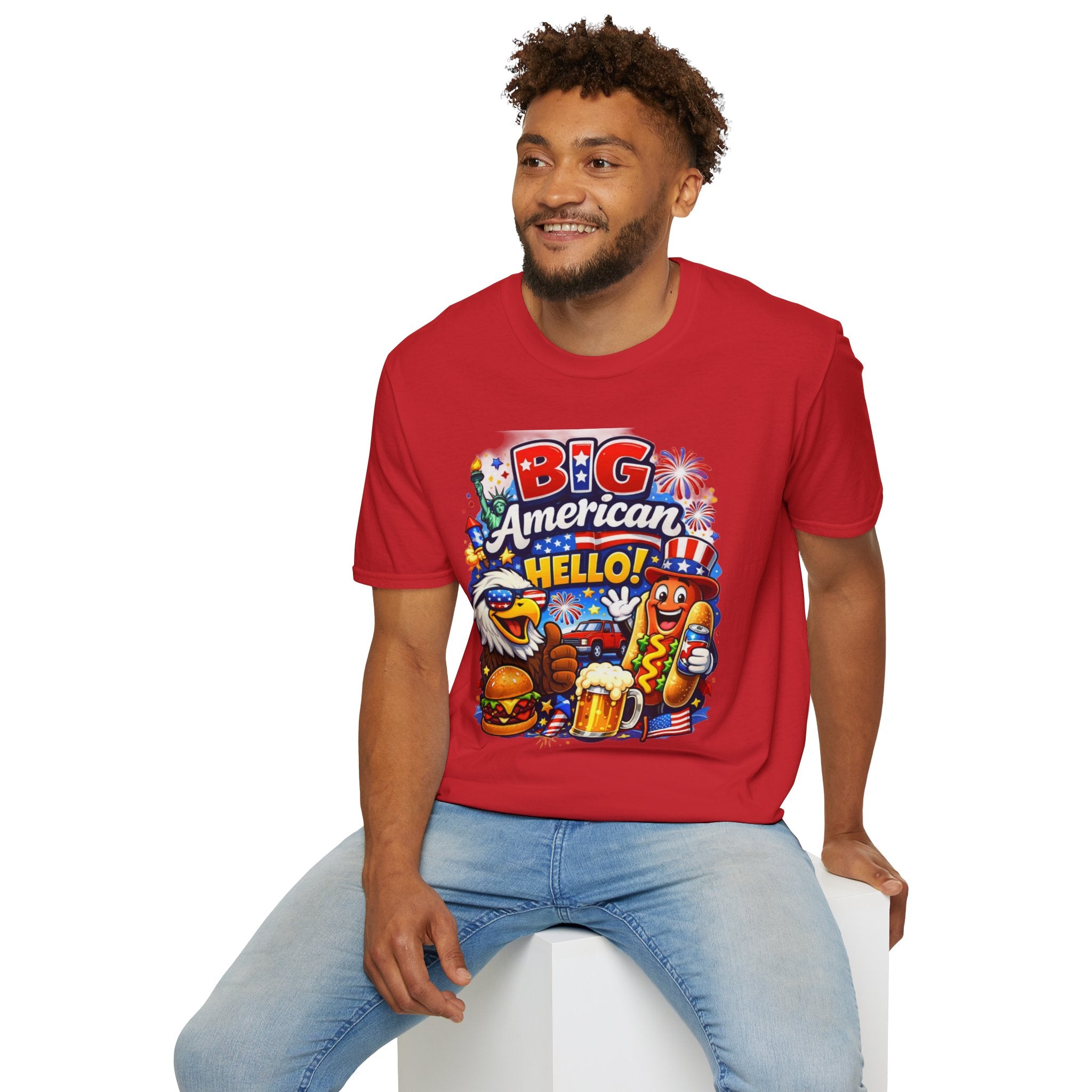 Fourth of July T-Shirt - "Big American Hello" Patriotic BBQ Eagle, Hot Dog & Beer Tee