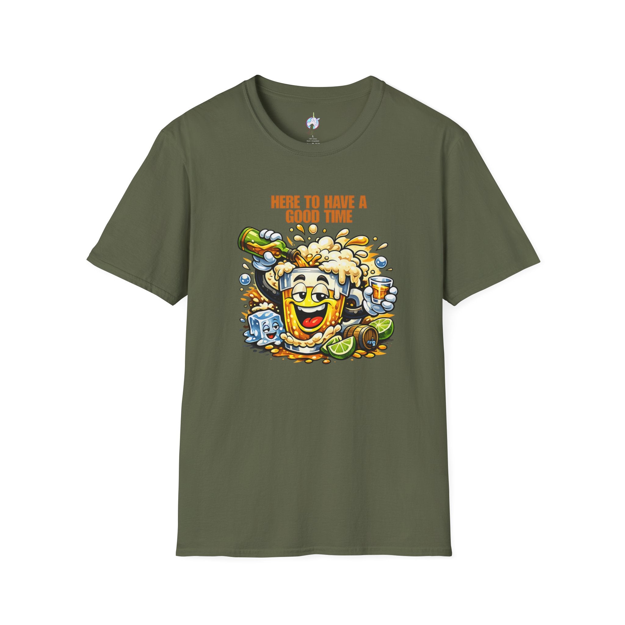 Beer Party T-Shirt — "Here to Have a Good Time" Cartoon Mug Graphic