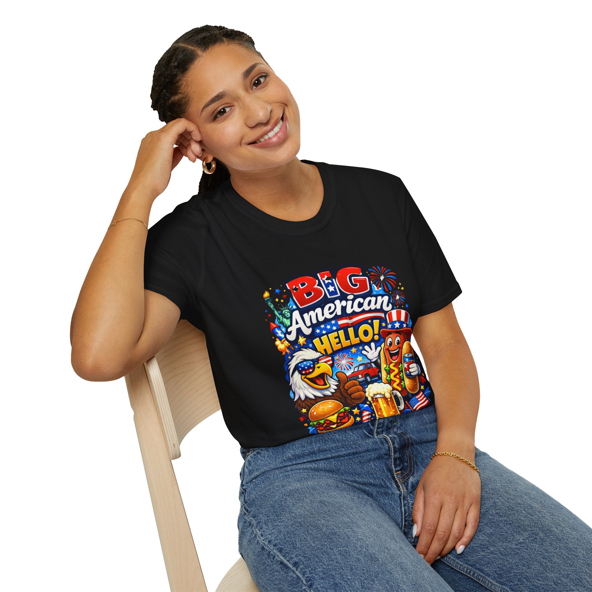 Big American Hello Funny T-Shirt Sarcastic Patriotic Graphic Tee Funny USA Gift 4th of July Novelty American Slogan Tee