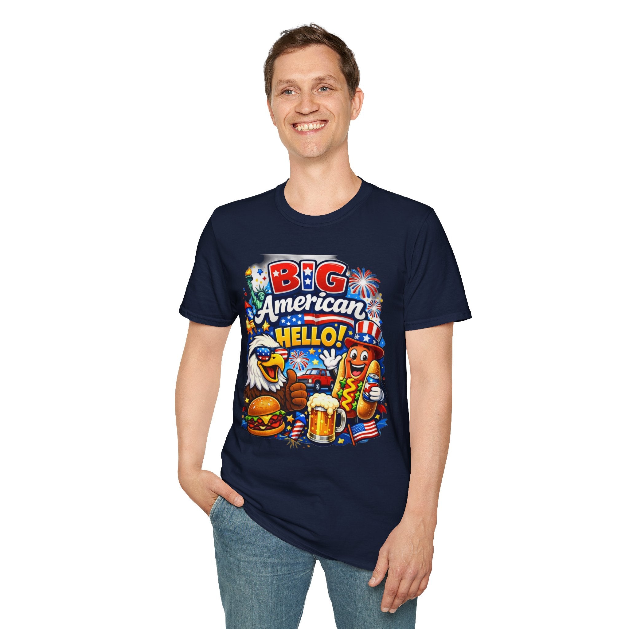 Fourth of July T-Shirt - "Big American Hello" Patriotic BBQ Eagle, Hot Dog & Beer Tee