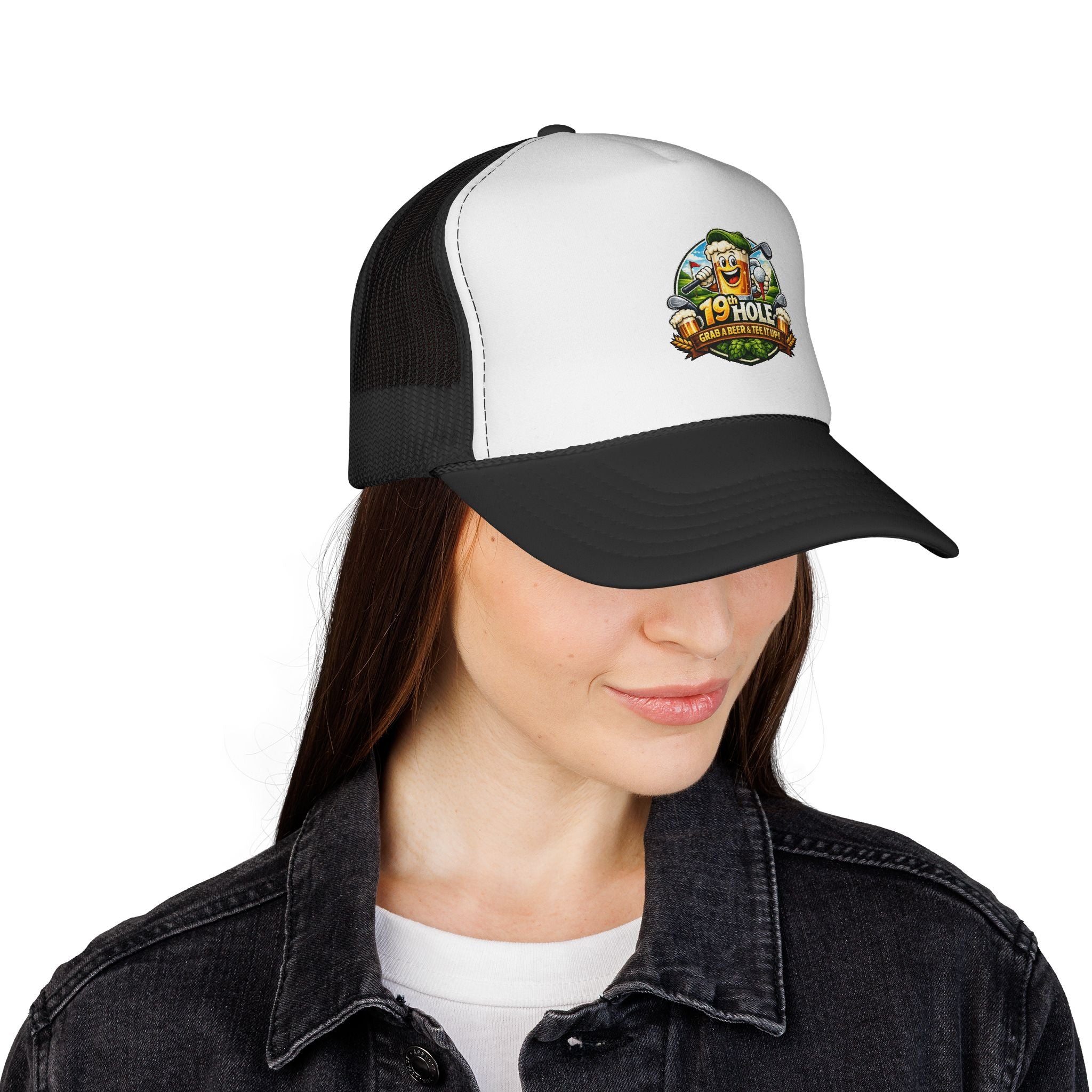 19 Hole Golf Trucker Cap — Funny Golfer Hat with Cartoon Mascot