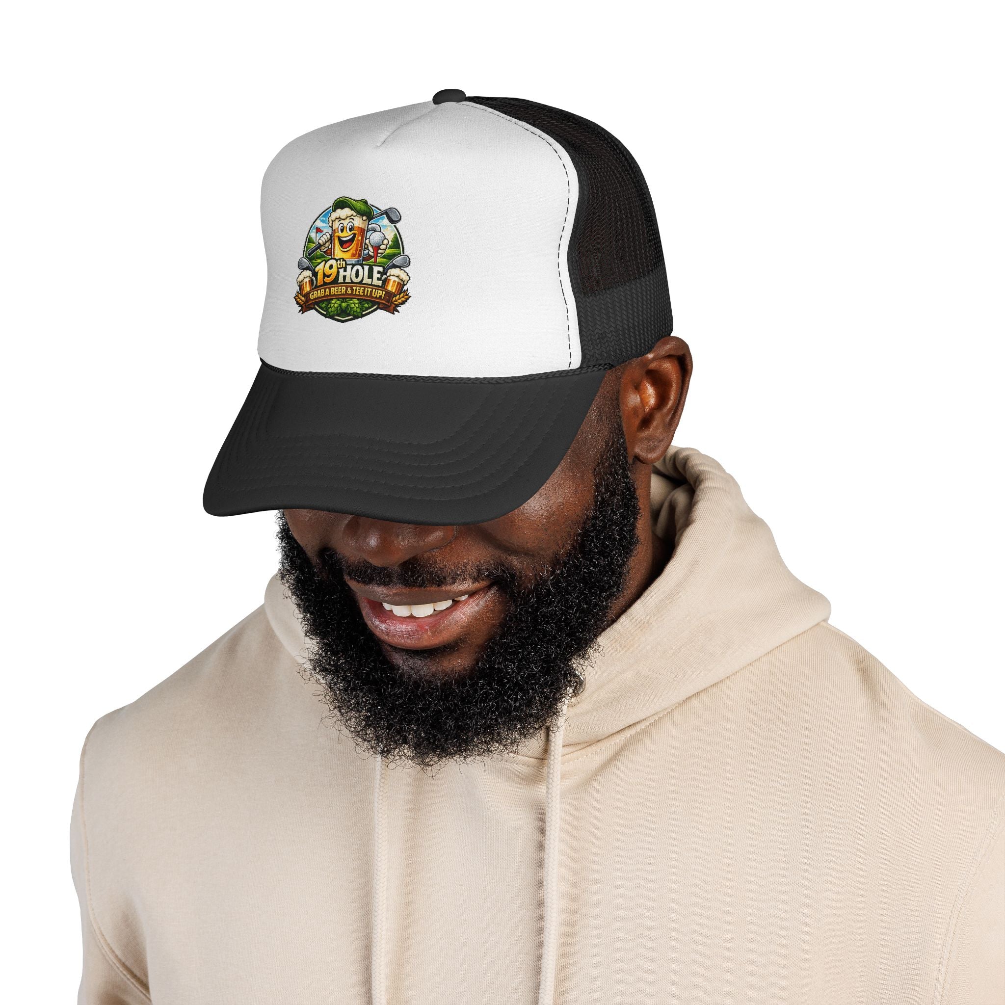 19 Hole Golf Trucker Cap — Funny Golfer Hat with Cartoon Mascot