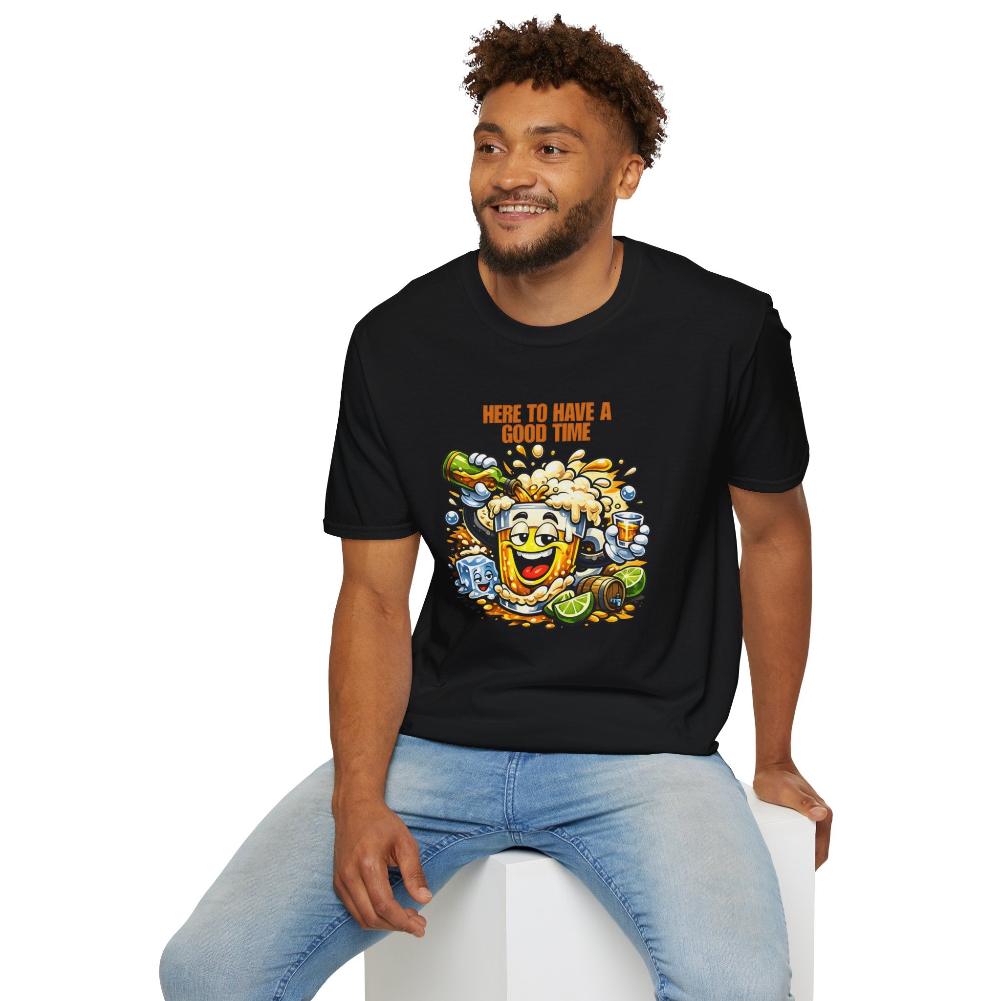 Beer Party T-Shirt — "Here to Have a Good Time" Cartoon Mug Graphic