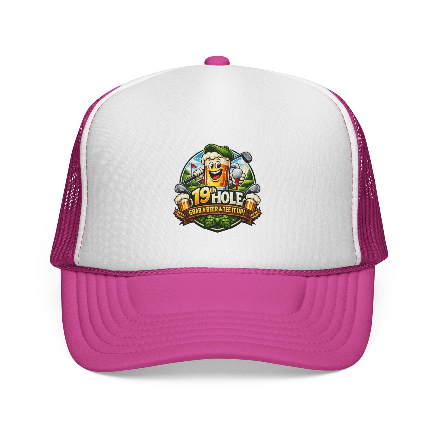 19 Hole Golf Trucker Cap — Funny Golfer Hat with Cartoon Mascot