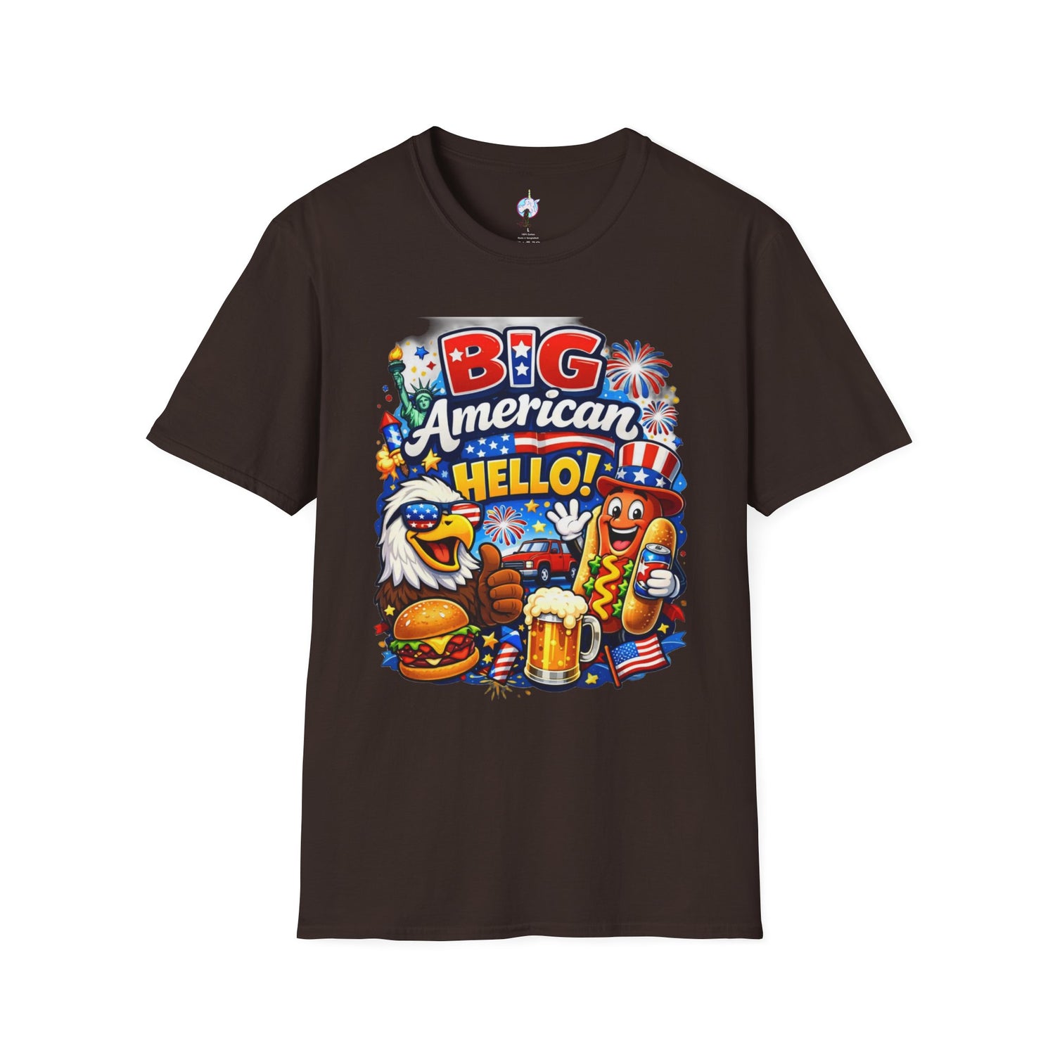 Fourth of July T-Shirt - "Big American Hello" Patriotic BBQ Eagle, Hot Dog &amp; Beer Tee