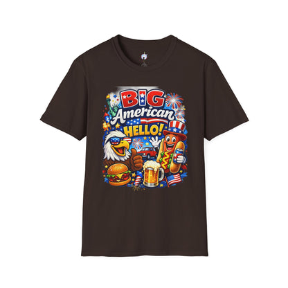 Fourth of July T-Shirt - "Big American Hello" Patriotic BBQ Eagle, Hot Dog &amp; Beer Tee