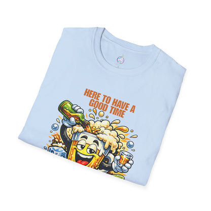 Beer Party T-Shirt — "Here to Have a Good Time" Cartoon Mug Graphic
