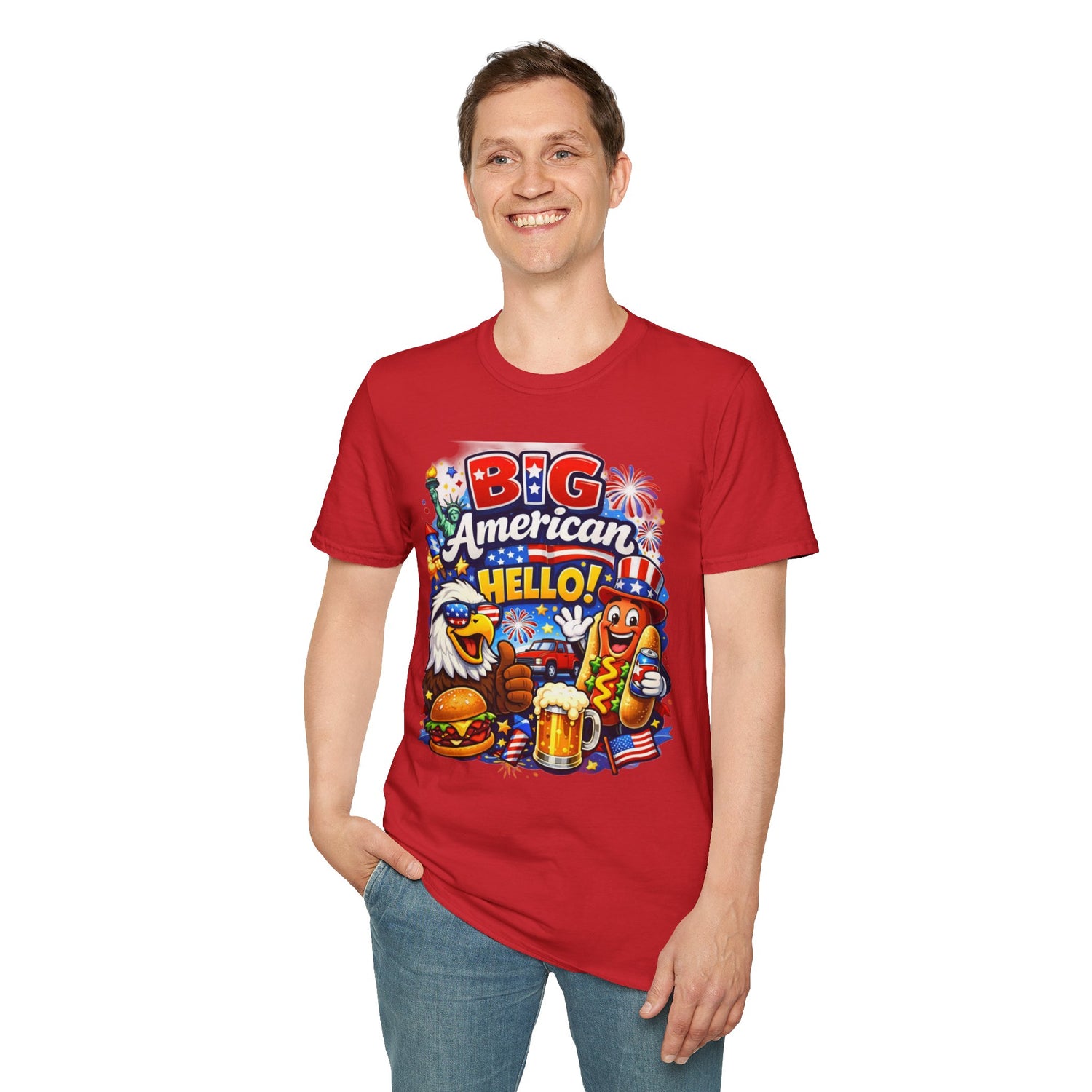 Fourth of July T-Shirt - "Big American Hello" Patriotic BBQ Eagle, Hot Dog &amp; Beer Tee