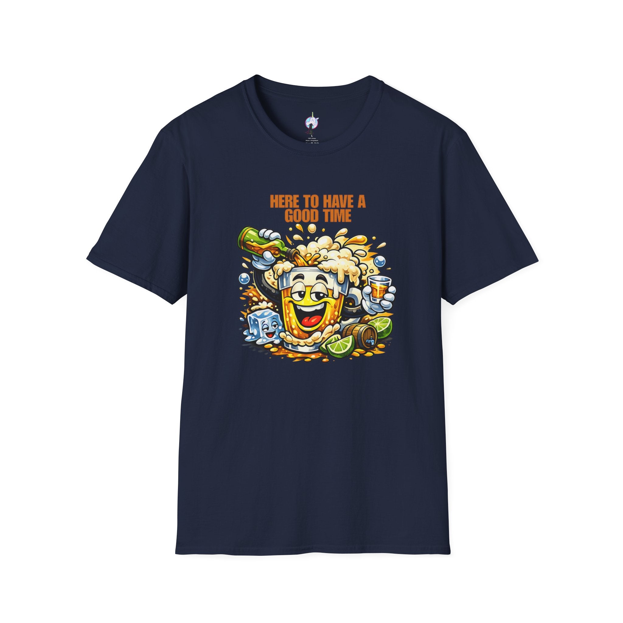 Beer Party T-Shirt — "Here to Have a Good Time" Cartoon Mug Graphic