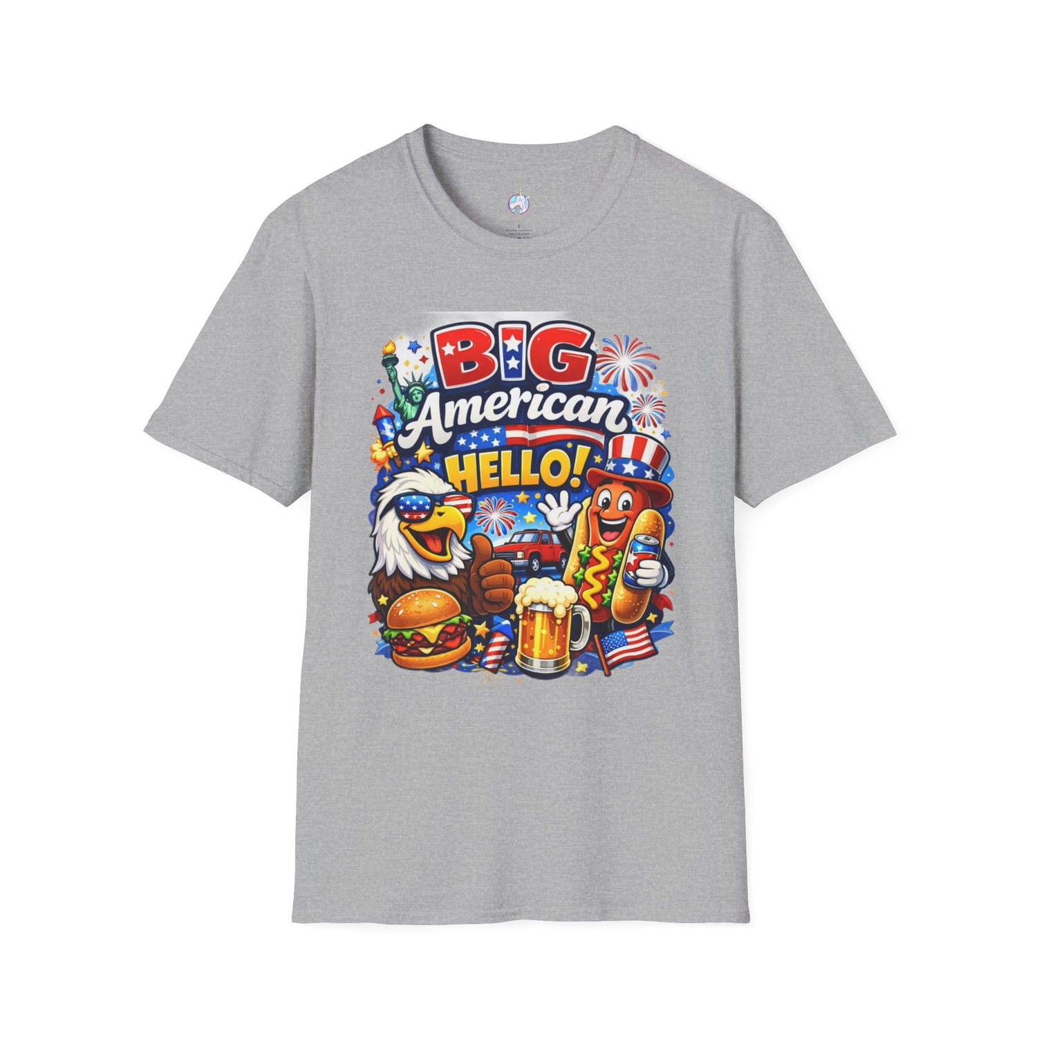 Fourth of July T-Shirt - "Big American Hello" Patriotic BBQ Eagle, Hot Dog &amp; Beer Tee