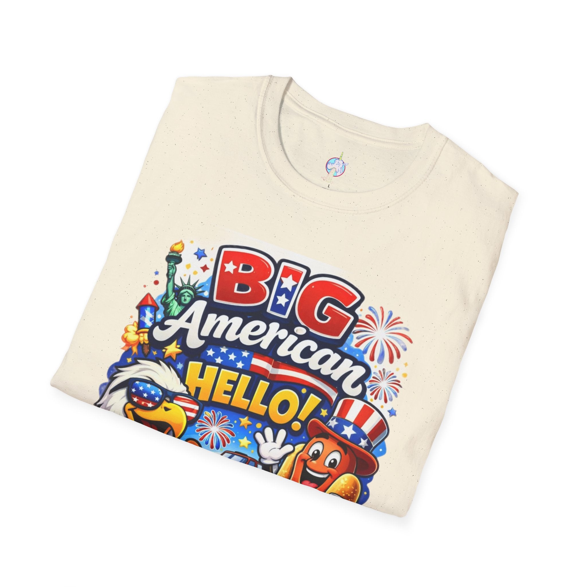 Fourth of July T-Shirt - "Big American Hello" Patriotic BBQ Eagle, Hot Dog &amp; Beer Tee