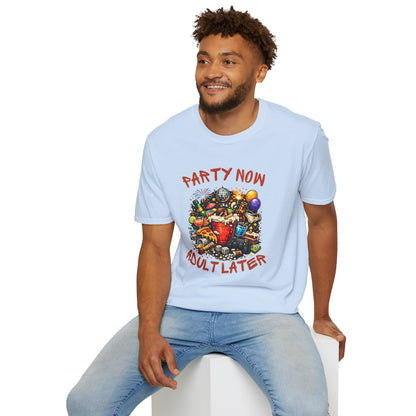 T-Shirt — “Party Now, Adult Later” Funny Party Graphic Tee